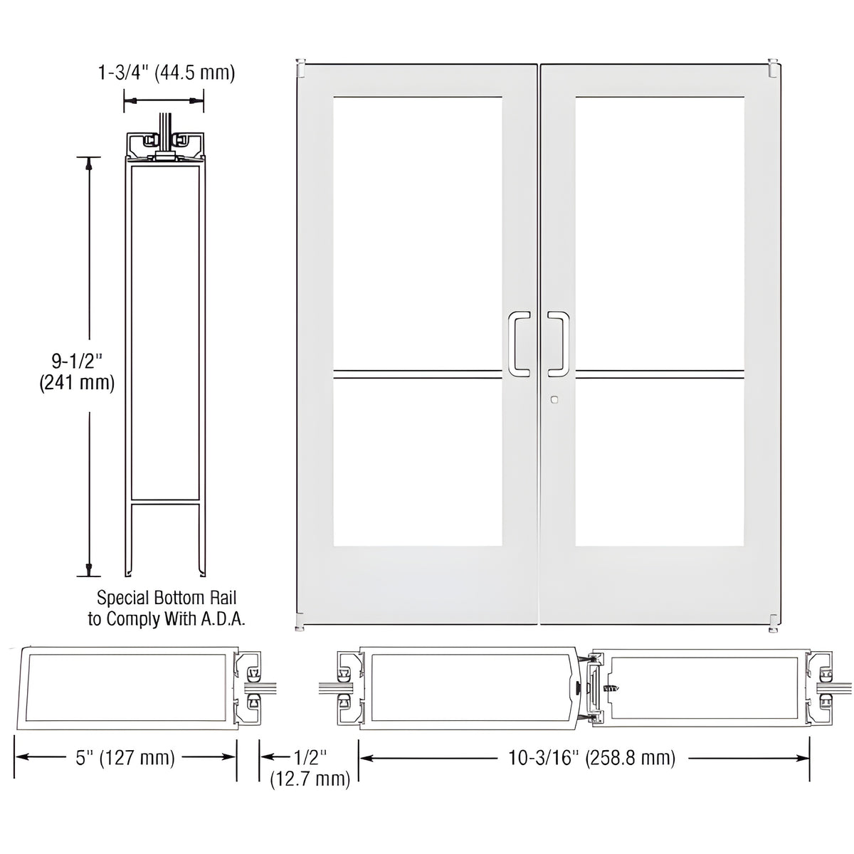 CRL-U.S. Aluminum White KYNAR® Paint Custom Pair Series 550 Wide Stile Offset Pivot Entrance Doors for Surface Mount Door Closers