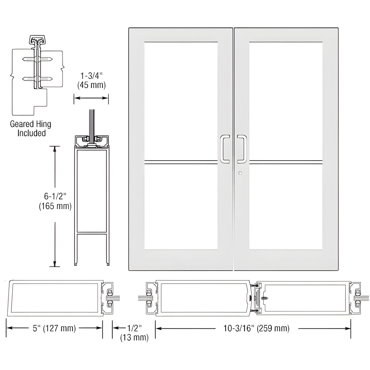 CRL-U.S. Aluminum White KYNAR® Paint Custom Pair Series 550 Wide Stile Geared Hinge Entrance Doors for Surface Mount Door Closers