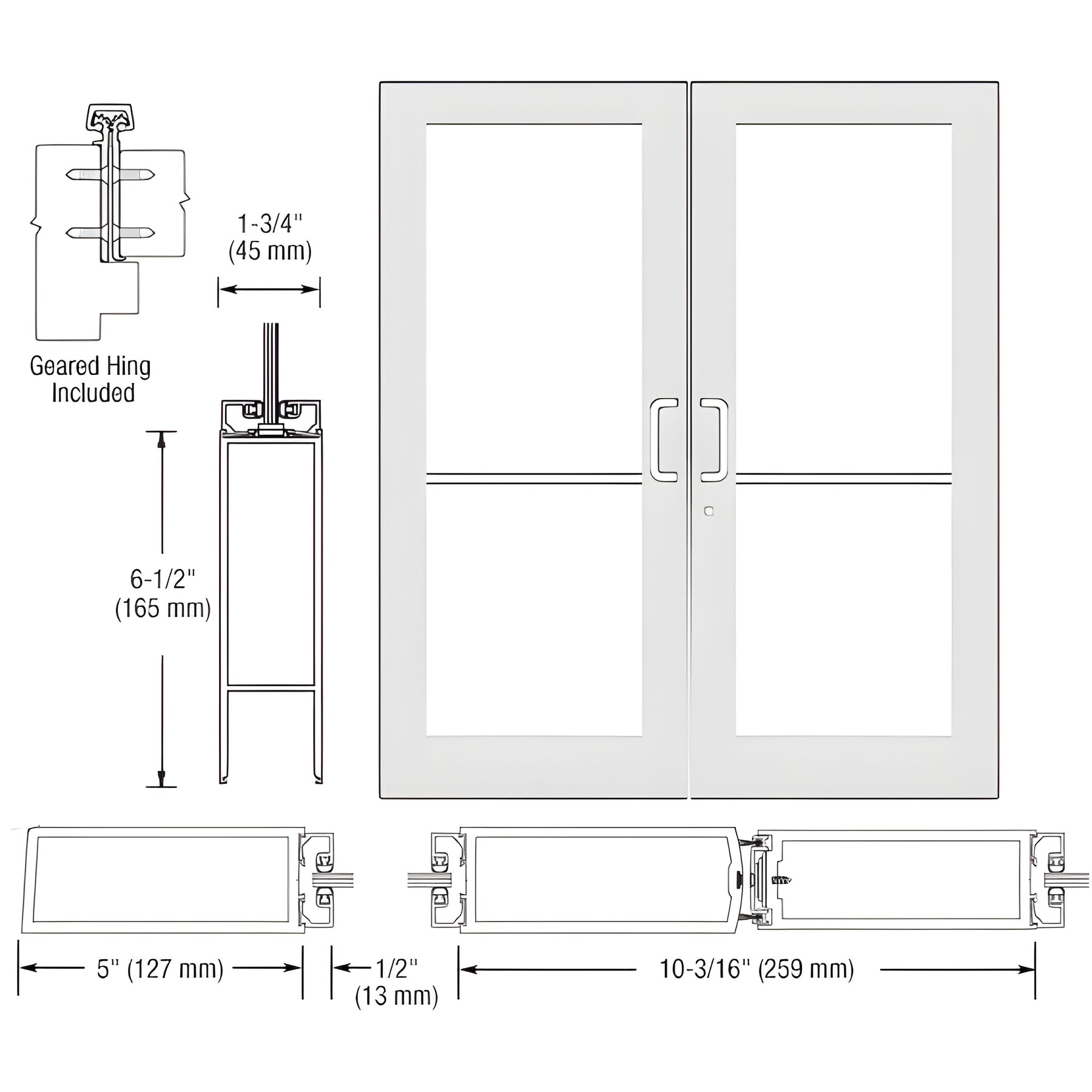 CRL-U.S. Aluminum White KYNAR® Paint Custom Pair Series 550 Wide Stile Geared Hinge Entrance Doors for Surface Mount Door Closers