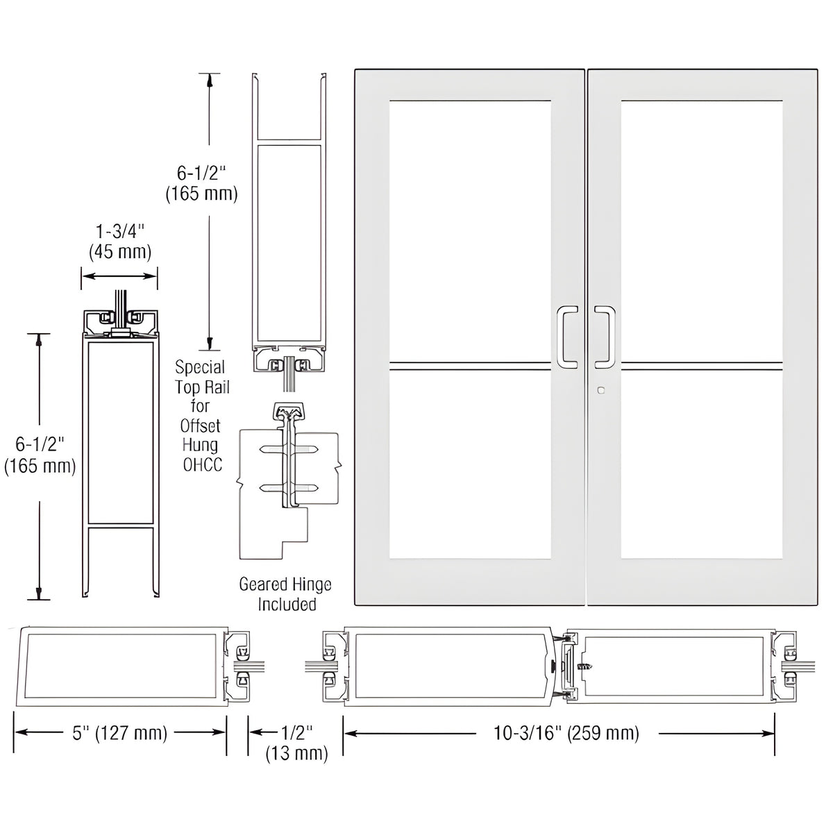 CRL-U.S. Aluminum White KYNAR® Paint Custom Pair Series 550 Wide Stile Geared Hinge Entrance Doors for Overhead Concealed Door Closers