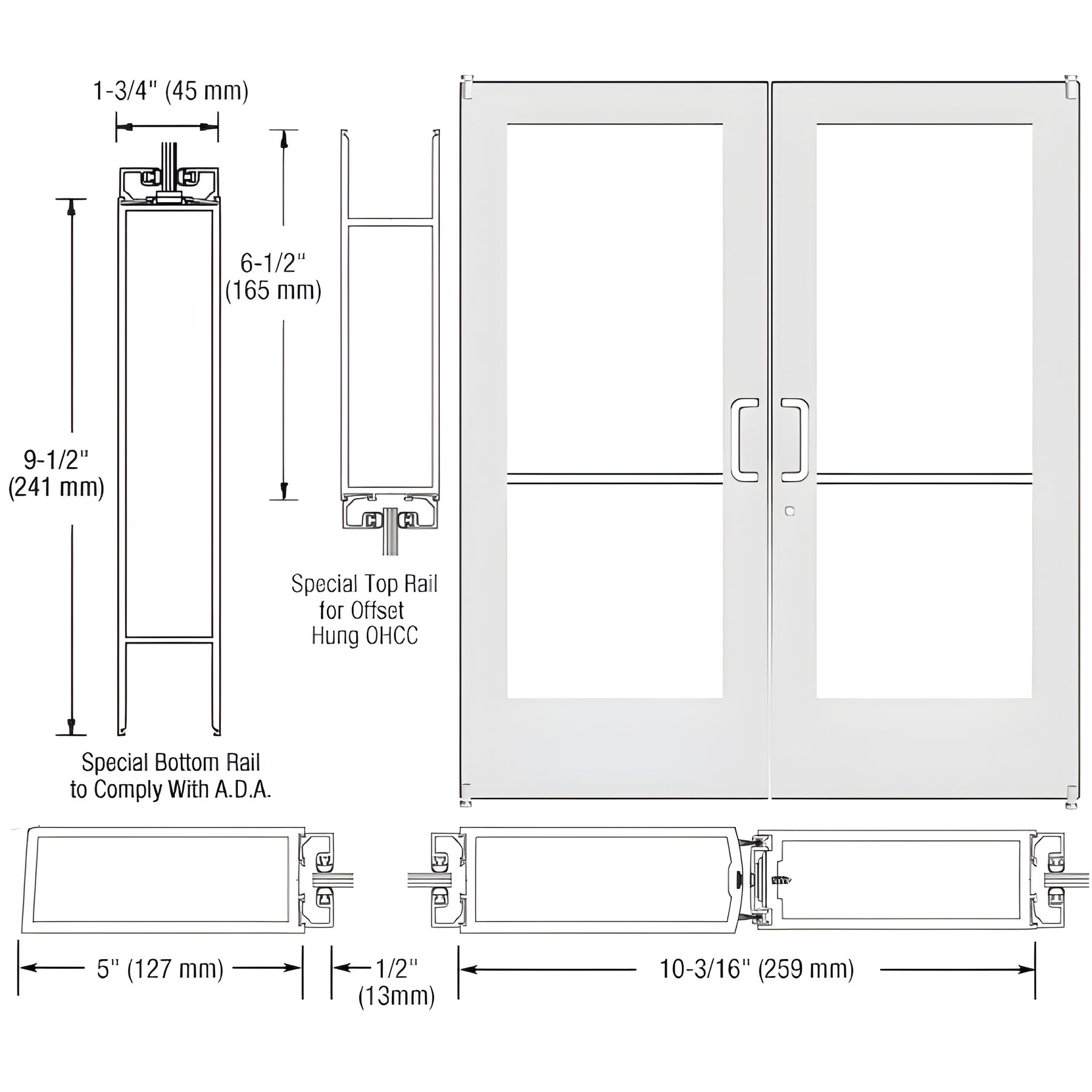CRL-U.S. Aluminum White KYNAR® Paint Custom Pair Series 550 Wide Stile Offset Pivot Entrance Doors for Overhead Concealed Door Closers