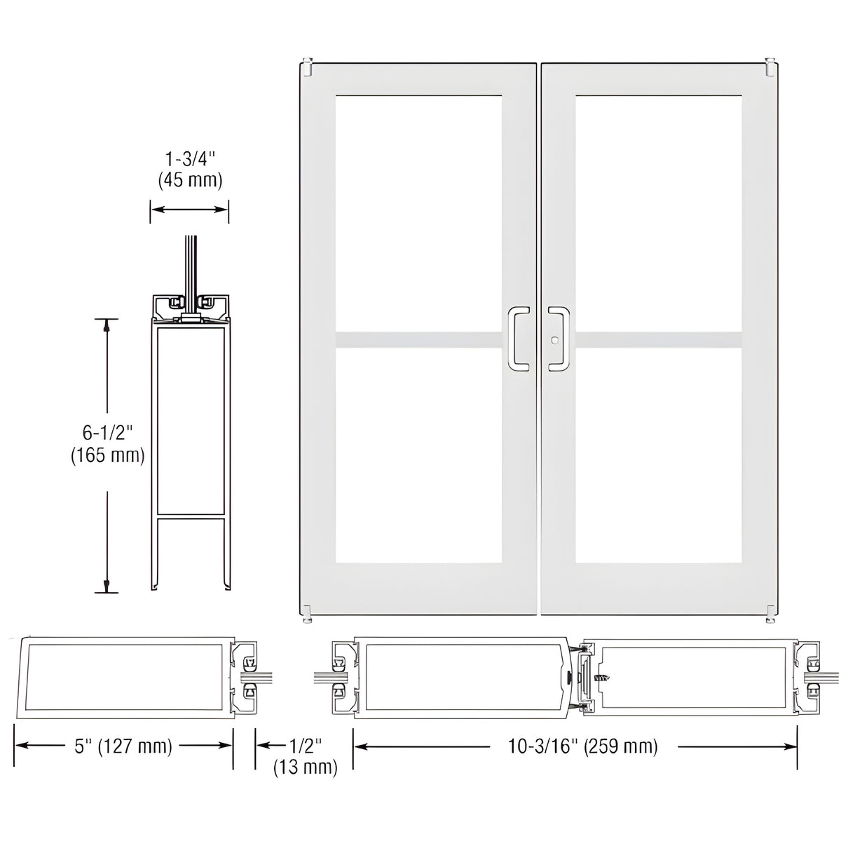 CRL-U.S. Aluminum White KYNAR® Paint Custom Pair Series 550 Wide Stile Offset Pivot Entrance Doors For Panics and Surface Mount Door Closers