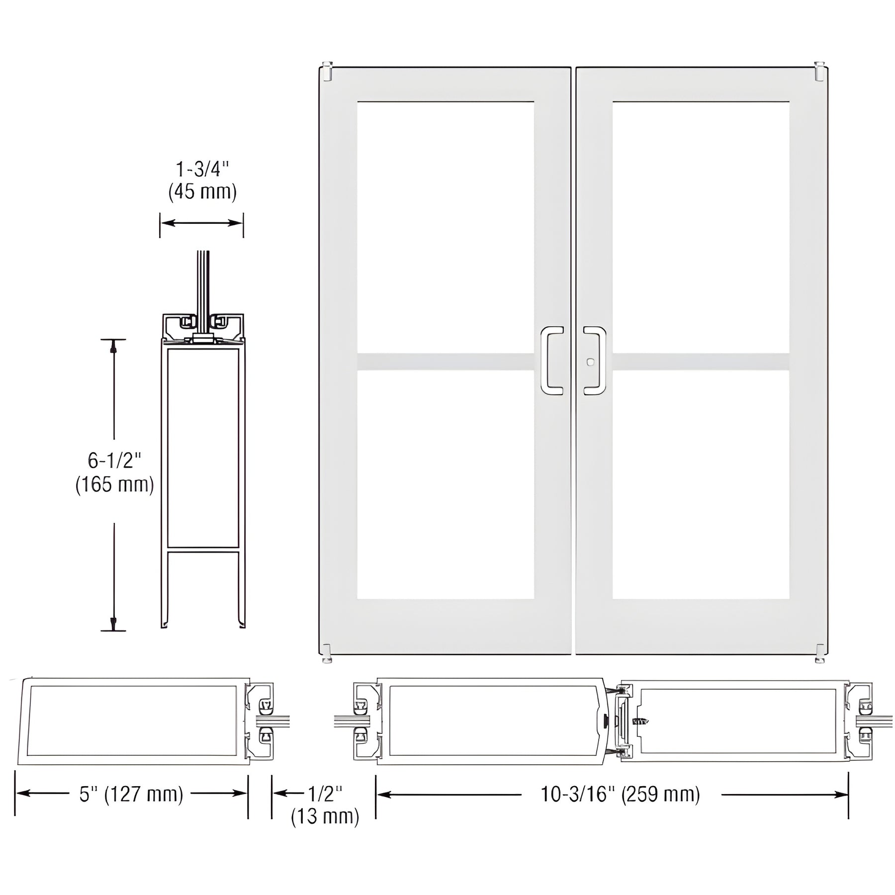 CRL-U.S. Aluminum White KYNAR® Paint Custom Pair Series 550 Wide Stile Offset Pivot Entrance Doors For Panics and Surface Mount Door Closers