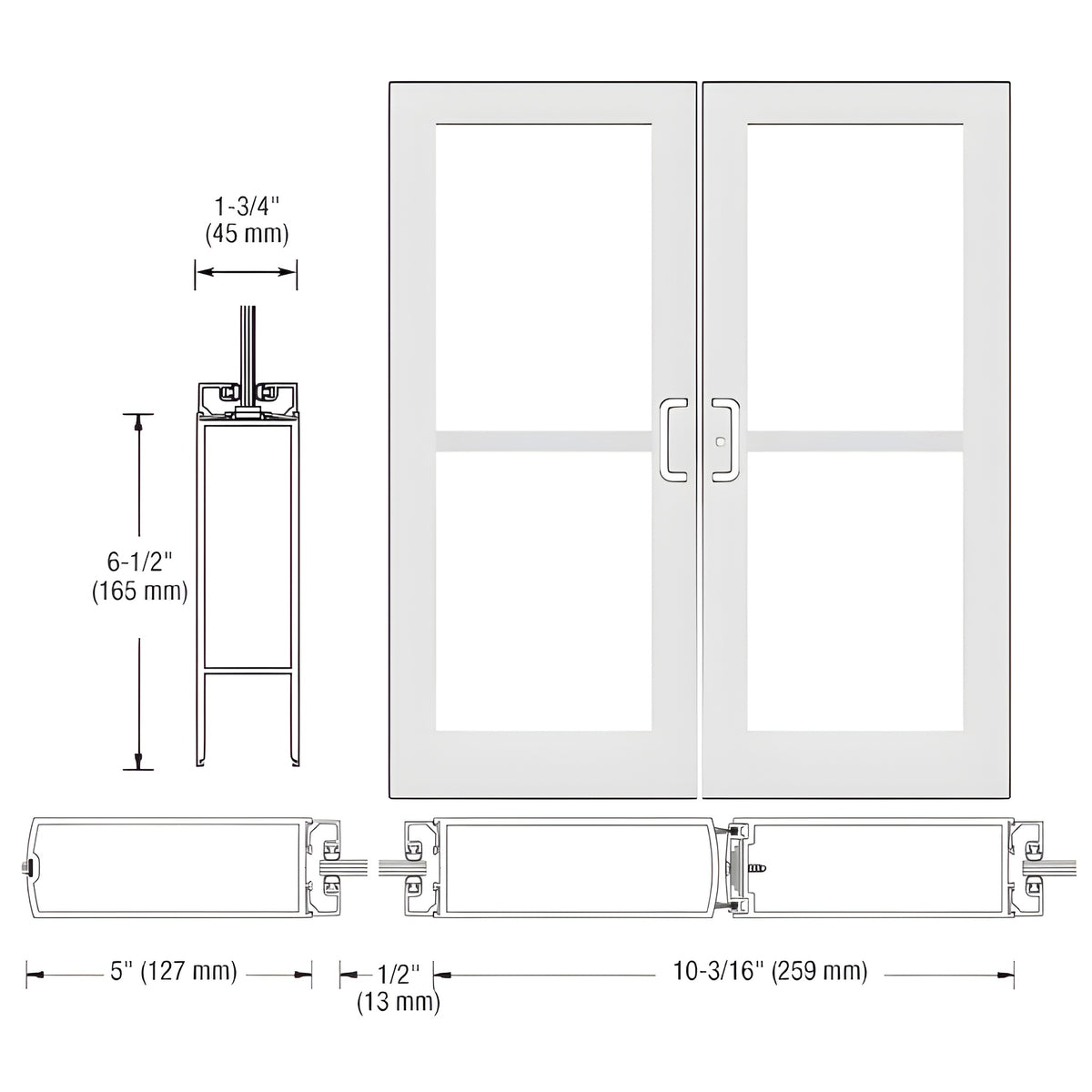 CRL-U.S. Aluminum White KYNAR® Paint Custom Pair Series 550 Wide Stile Center Pivot Entrance Doors With Panics for Overhead Concealed Door Closers