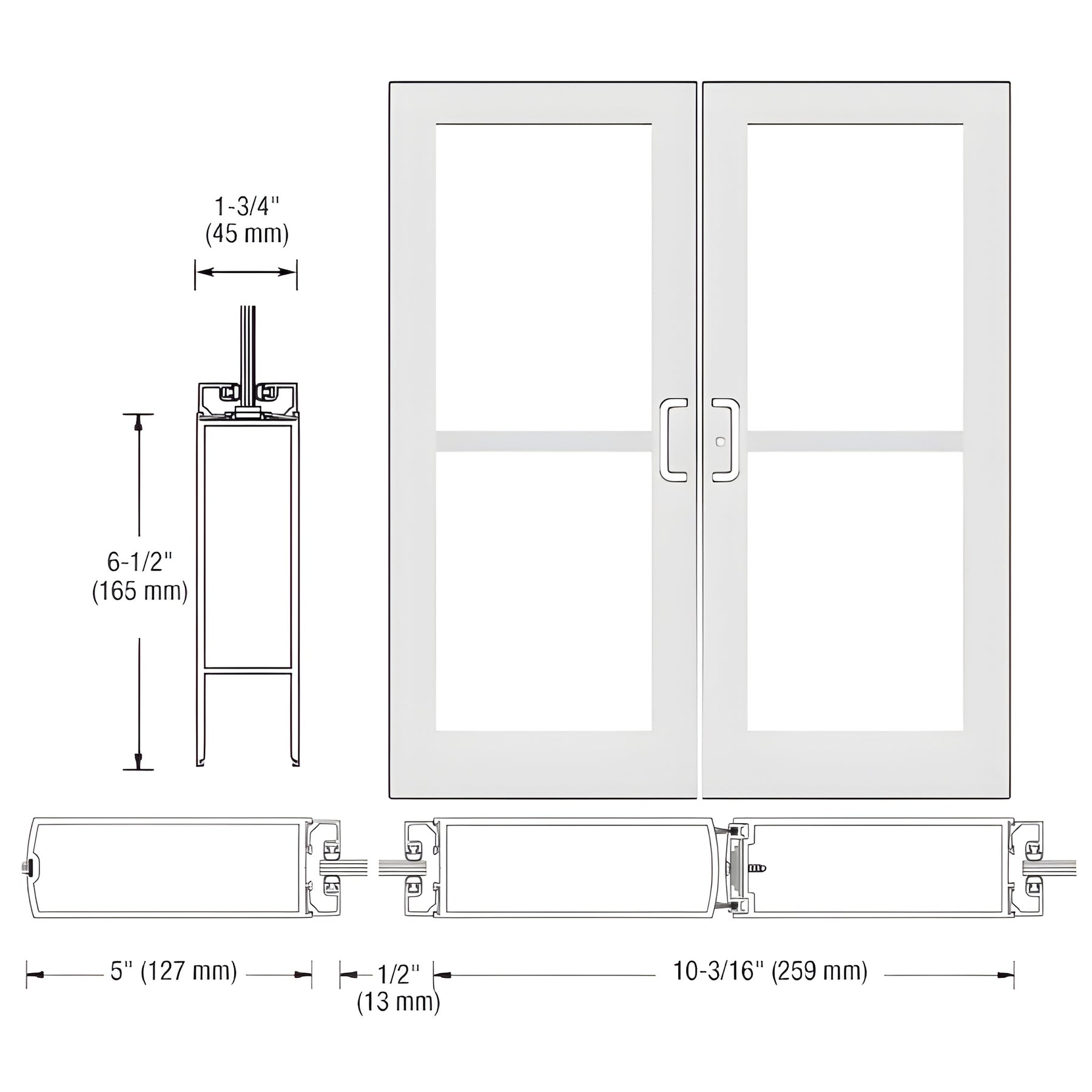 CRL-U.S. Aluminum White KYNAR® Paint Custom Pair Series 550 Wide Stile Center Pivot Entrance Doors With Panics for Overhead Concealed Door Closers