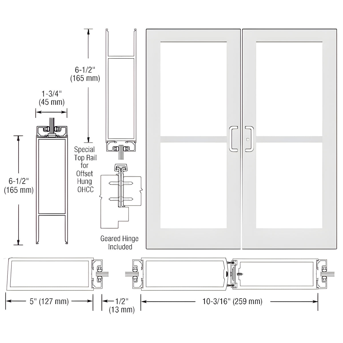 CRL-U.S. Aluminum White KYNAR® Paint Custom Pair Series 550 Wide Stile Geared Hinge Entrance Doors for Panics and Overhead Concealed Door Closers