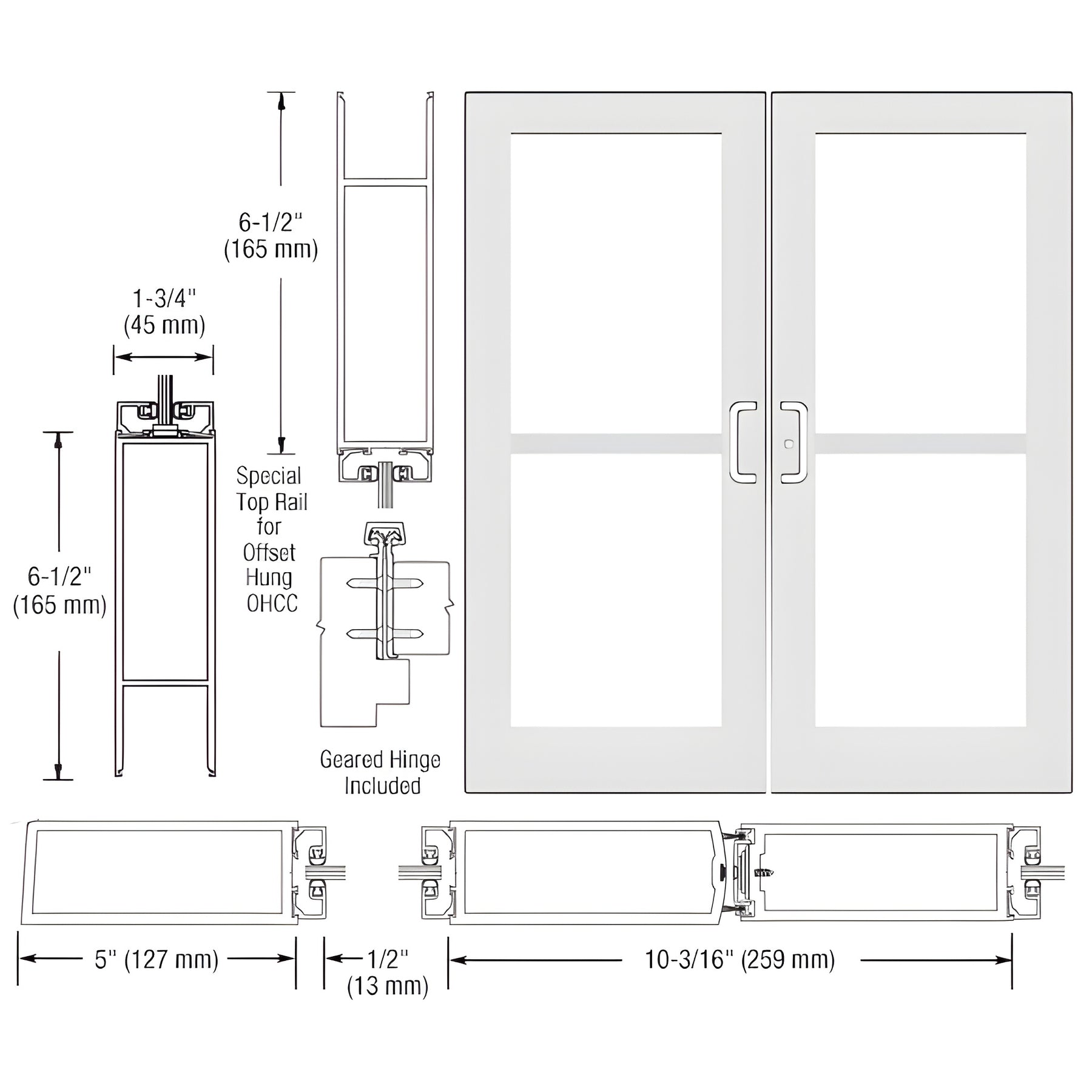CRL-U.S. Aluminum White KYNAR® Paint Custom Pair Series 550 Wide Stile Geared Hinge Entrance Doors for Panics and Overhead Concealed Door Closers