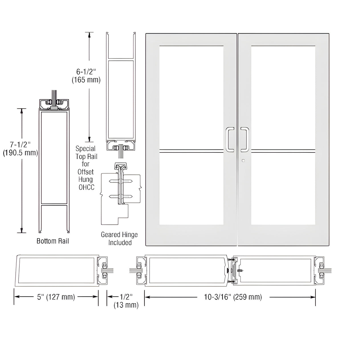 CRL-U.S. Aluminum White KYNAR® Paint Custom Pair Series 550 Wide Stile Geared Hinge Entrance Doors for Overhead Concealed Door Closers