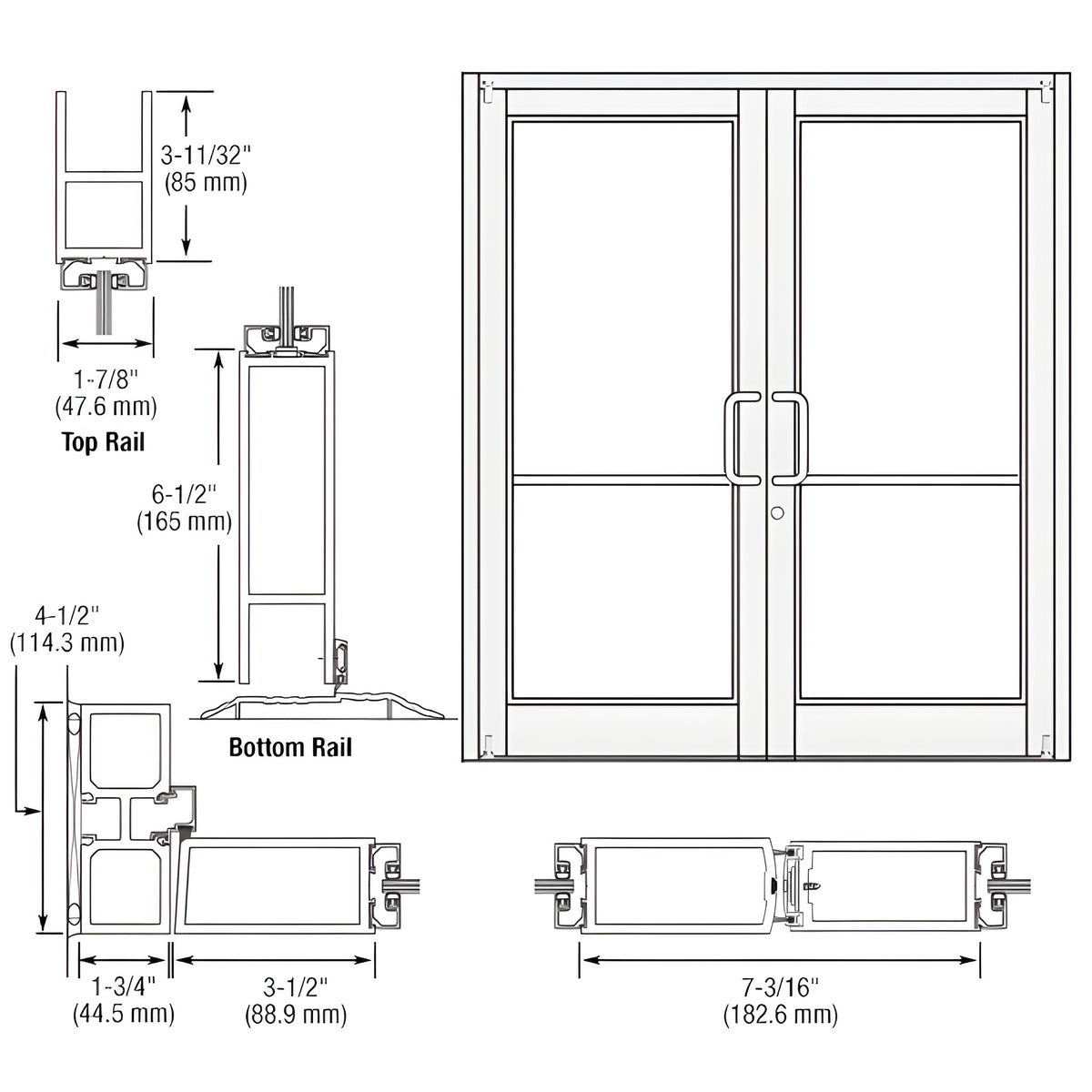 CRL-U.S. Aluminum White KYNAR® Paint Custom Pair Series 800 Durafront Medium Stile Offset Pivot Entrance Doors for Surface Mount Door Closers