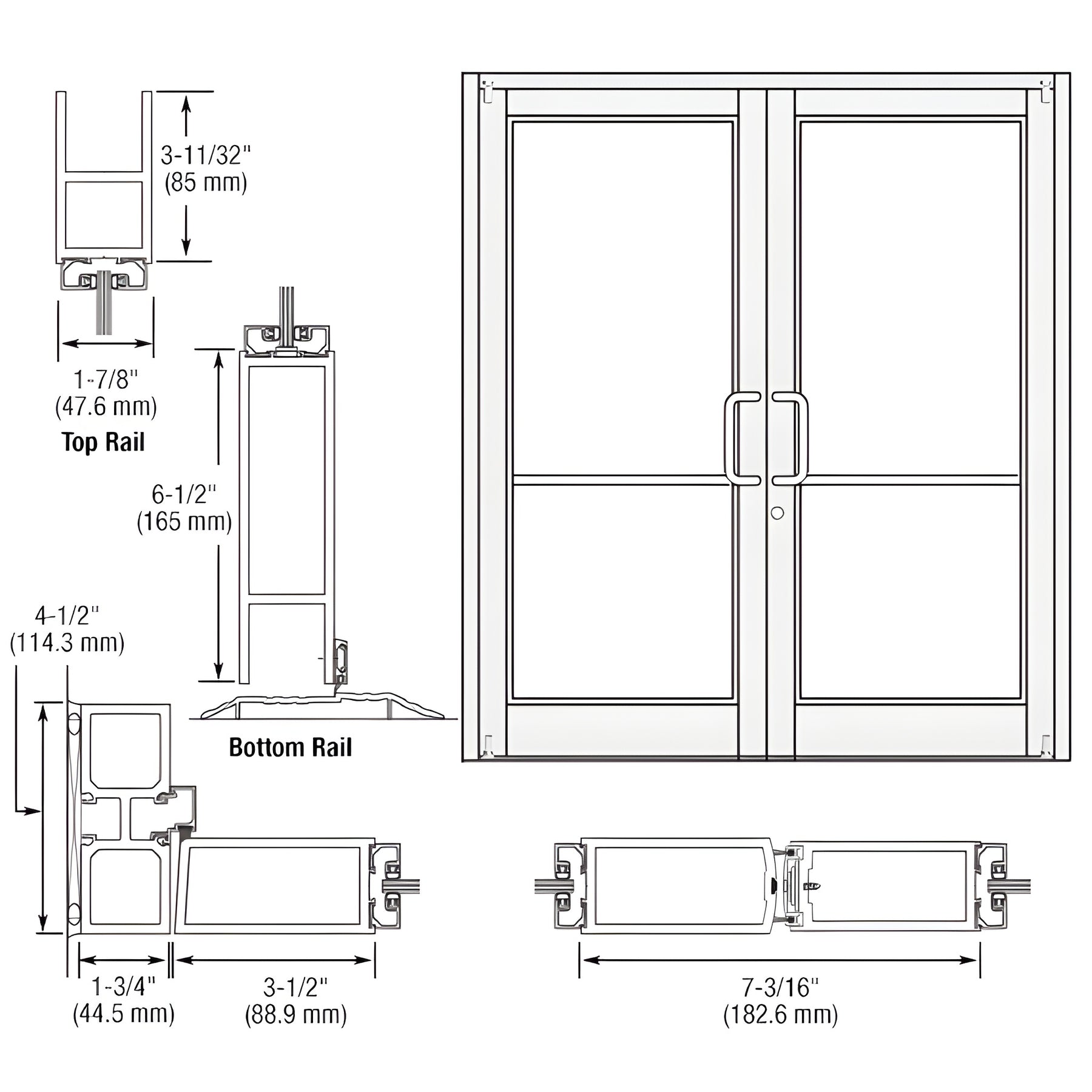 CRL-U.S. Aluminum White KYNAR® Paint Custom Pair Series 800 Durafront Medium Stile Offset Pivot Entrance Doors for Surface Mount Door Closers