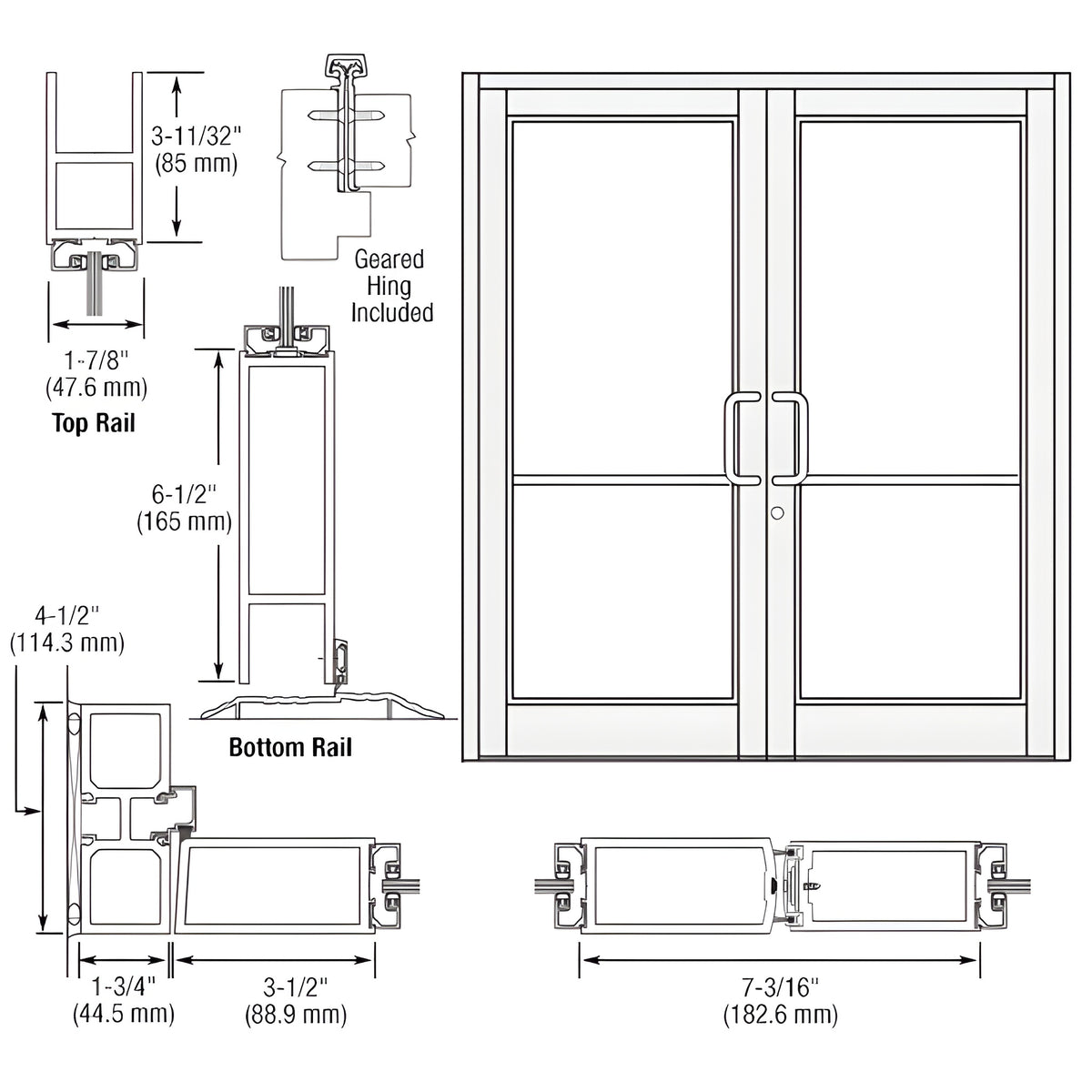 CRL-U.S. Aluminum White KYNAR® Paint Custom Pair Series 800 Durafront Medium Stile Geared Hinge Entrance Doors for Surface Mount Door Closers
