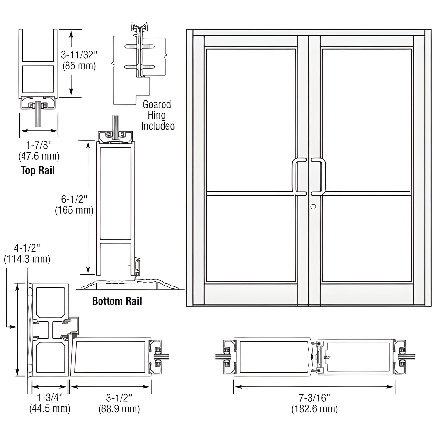 CRL-U.S. Aluminum White KYNAR® Paint Custom Pair Series 800 Durafront Medium Stile Geared Hinge Entrance Doors for Surface Mount Door Closers