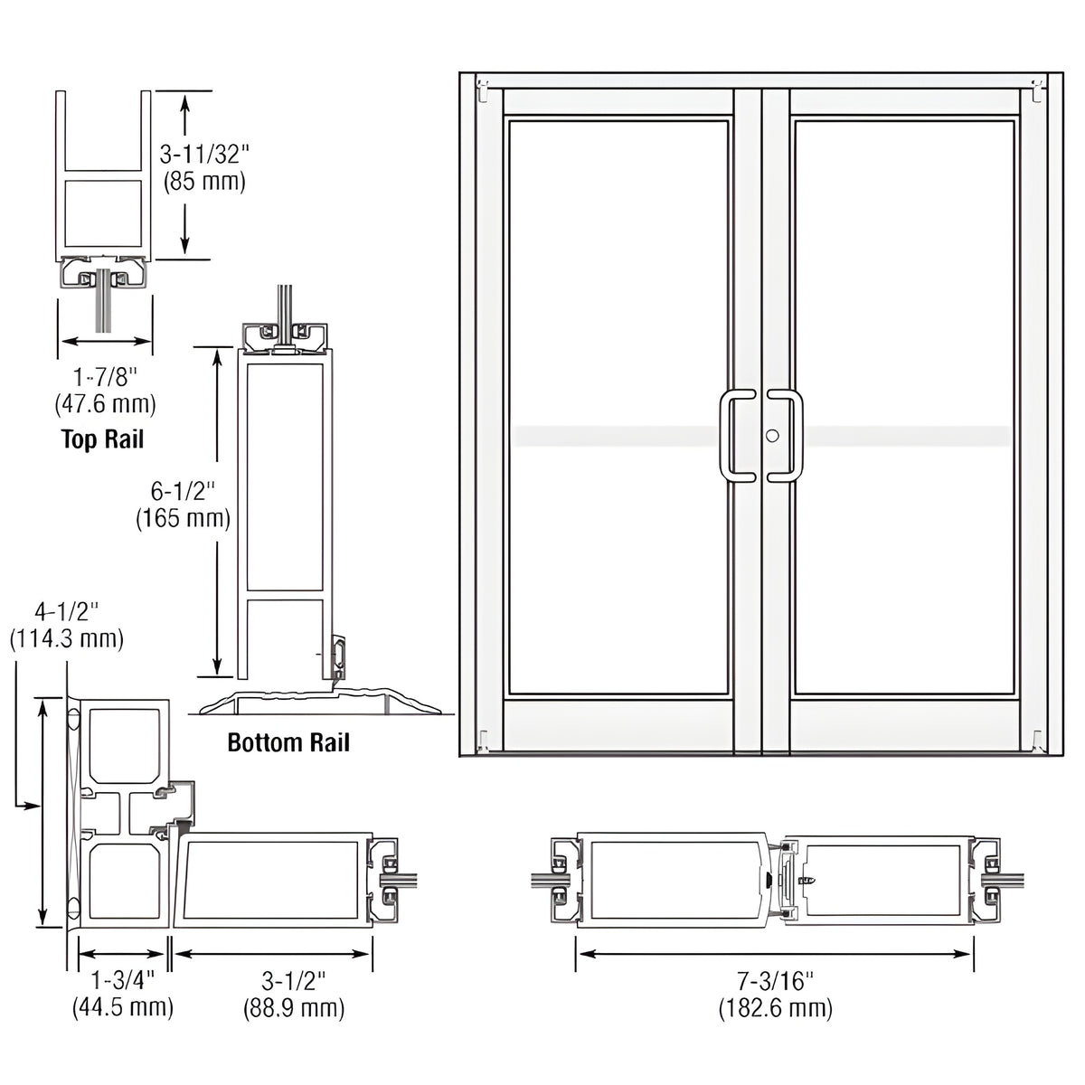 CRL-U.S. Aluminum White KYNAR® Paint Custom Pair Series 800 Durafront Medium Stile Offset Pivot Entrance Doors For Panics and Surface Mount Door Closers