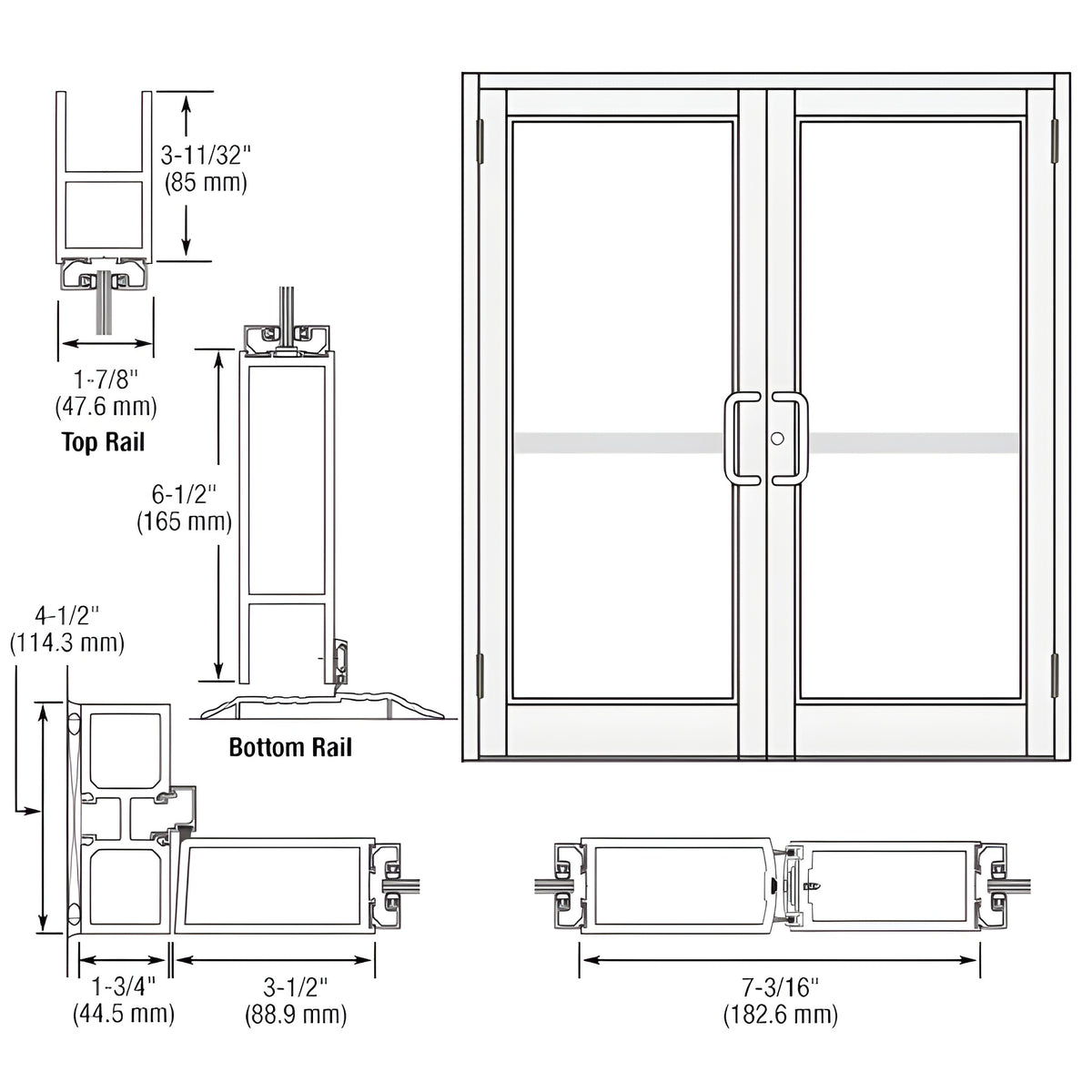 CRL-U.S. Aluminum White KYNAR® Paint Custom Pair Series 800 Durafront Medium Stile Butt Hinge Entrance Doors For Panics and Surface Mount Door Closers