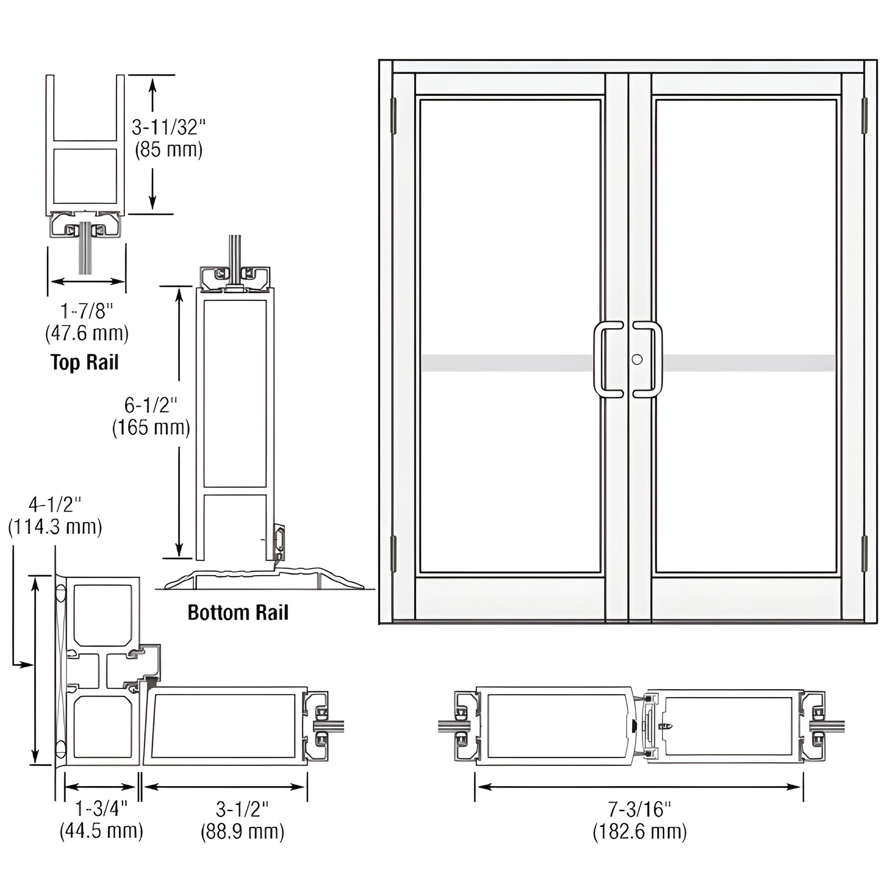 CRL-U.S. Aluminum White KYNAR® Paint Custom Pair Series 800 Durafront Medium Stile Butt Hinge Entrance Doors For Panics and Surface Mount Door Closers