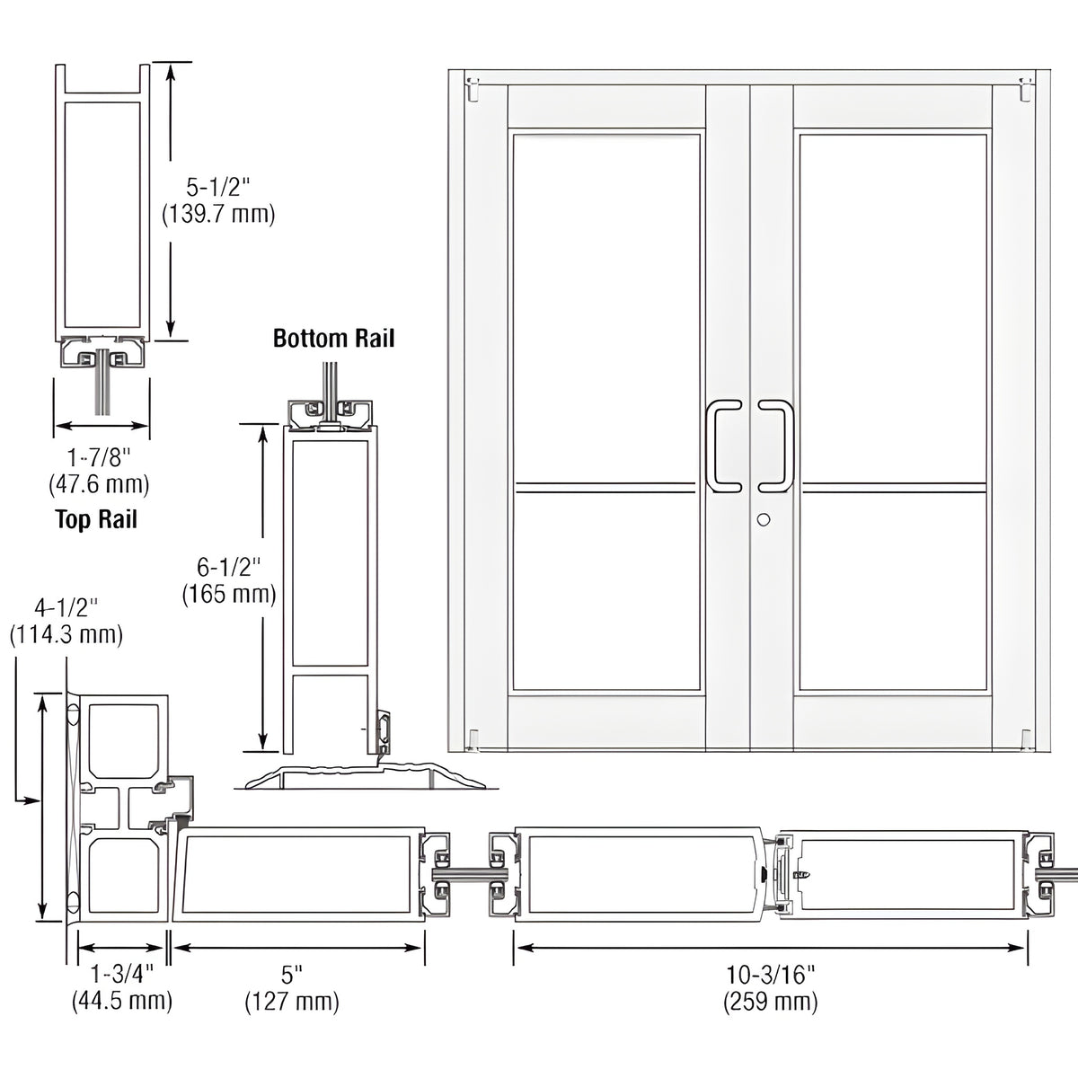 CRL-U.S. Aluminum White KYNAR® Paint Custom Pair Series 850 Durafront Wide Stile Offset Pivot Entrance Doors for Surface Mount Door Closers