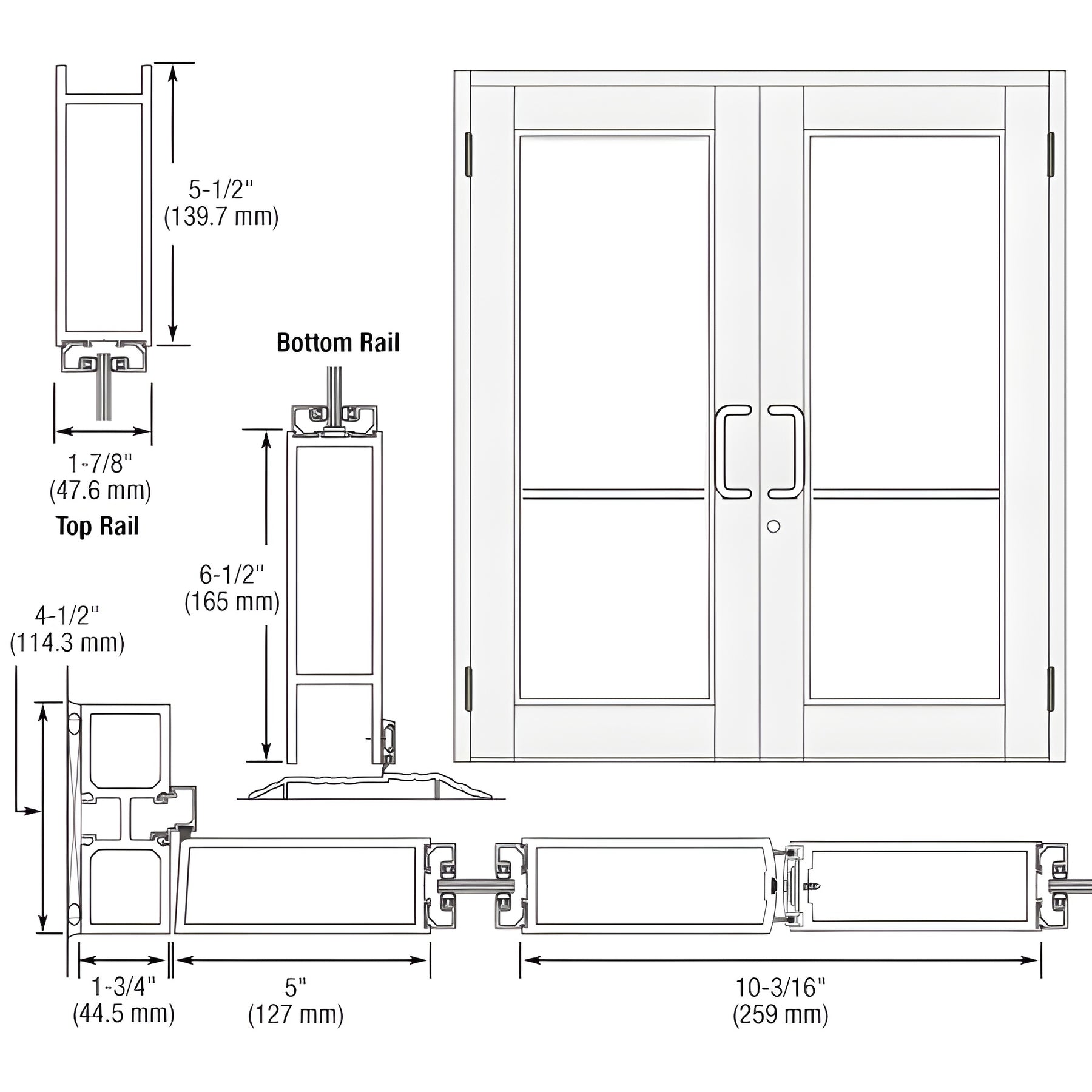 CRL-U.S. Aluminum White KYNAR® Paint Custom Pair Series 850 Durafront Wide Stile Butt Hinged Entrance Doors for Surface Mount Door Closers