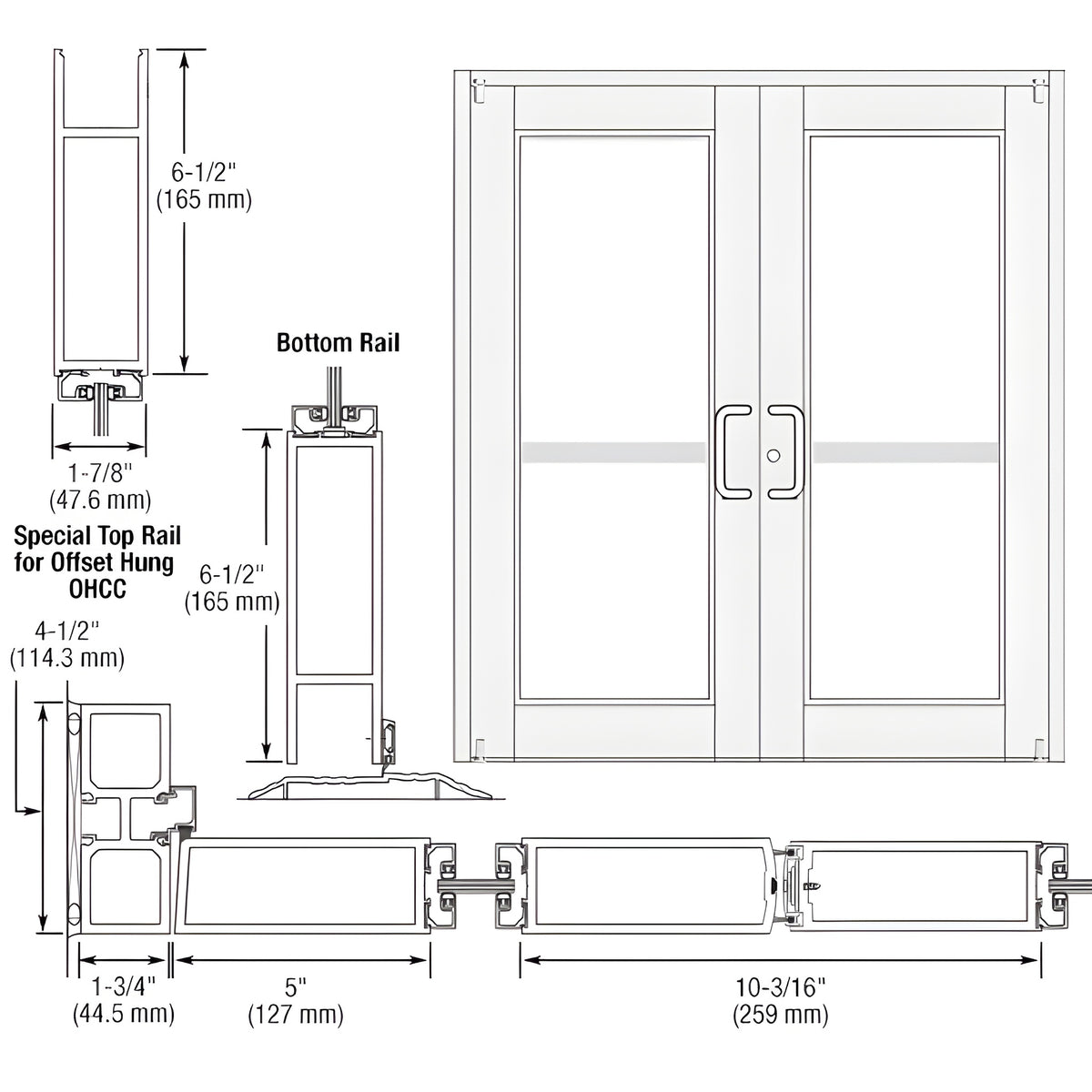 CRL-U.S. Aluminum White KYNAR® Paint Custom Pair Series 850 Durafront Wide Stile Offset Pivot Entrance Doors With Panics for Overhead Concealed Door Closers