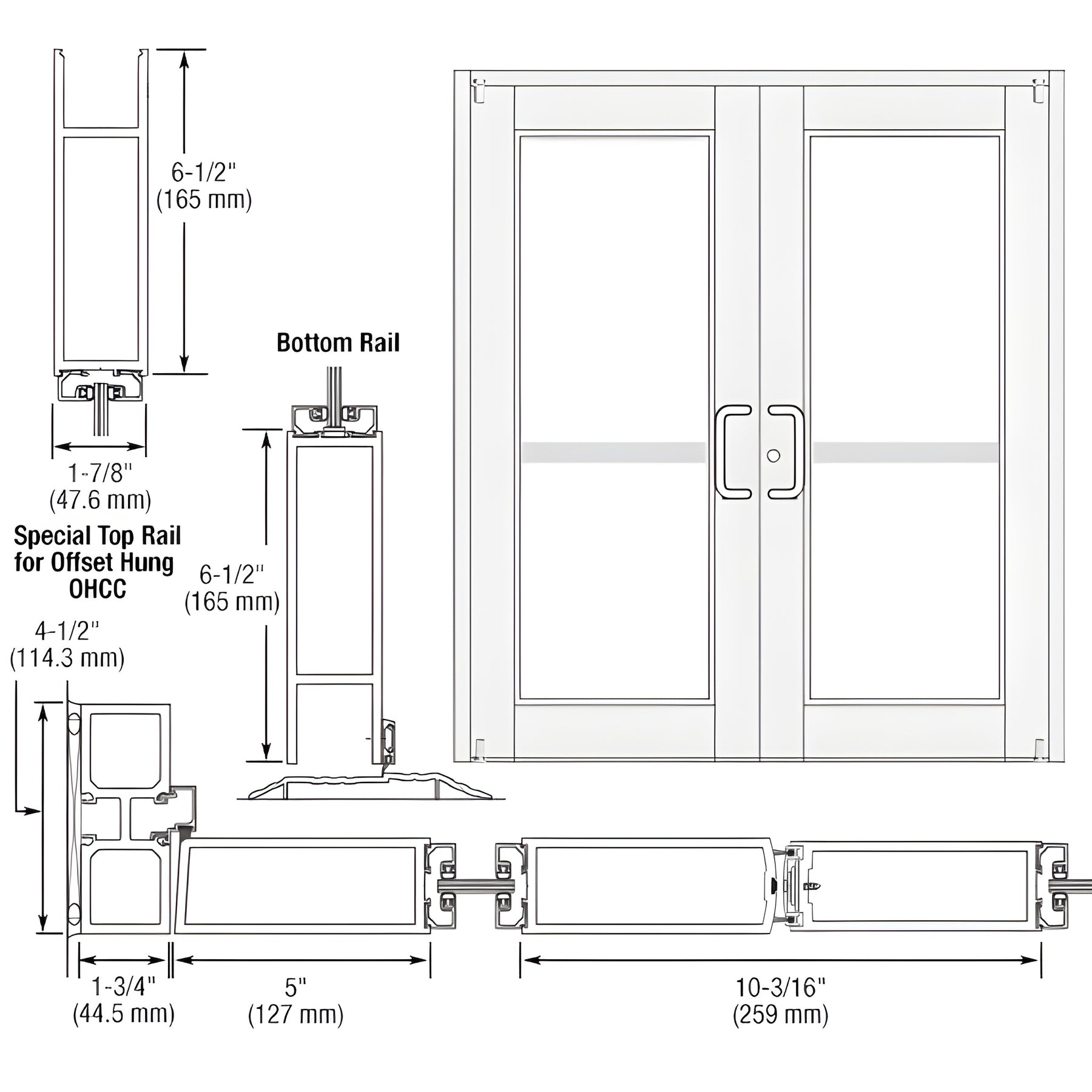 CRL-U.S. Aluminum White KYNAR® Paint Custom Pair Series 850 Durafront Wide Stile Offset Pivot Entrance Doors With Panics for Overhead Concealed Door Closers