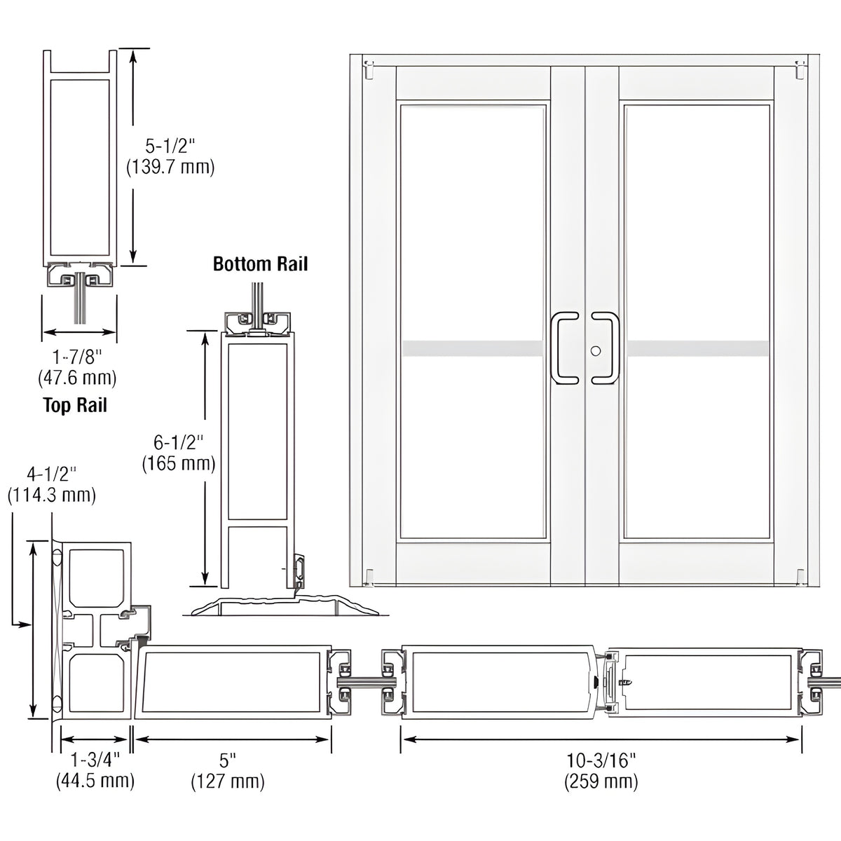 CRL-U.S. Aluminum White KYNAR® Paint Custom Pair Series 850 Durafront Wide Stile Offset Pivot Entrance Doors for Panics and Surface Mount Door Closers