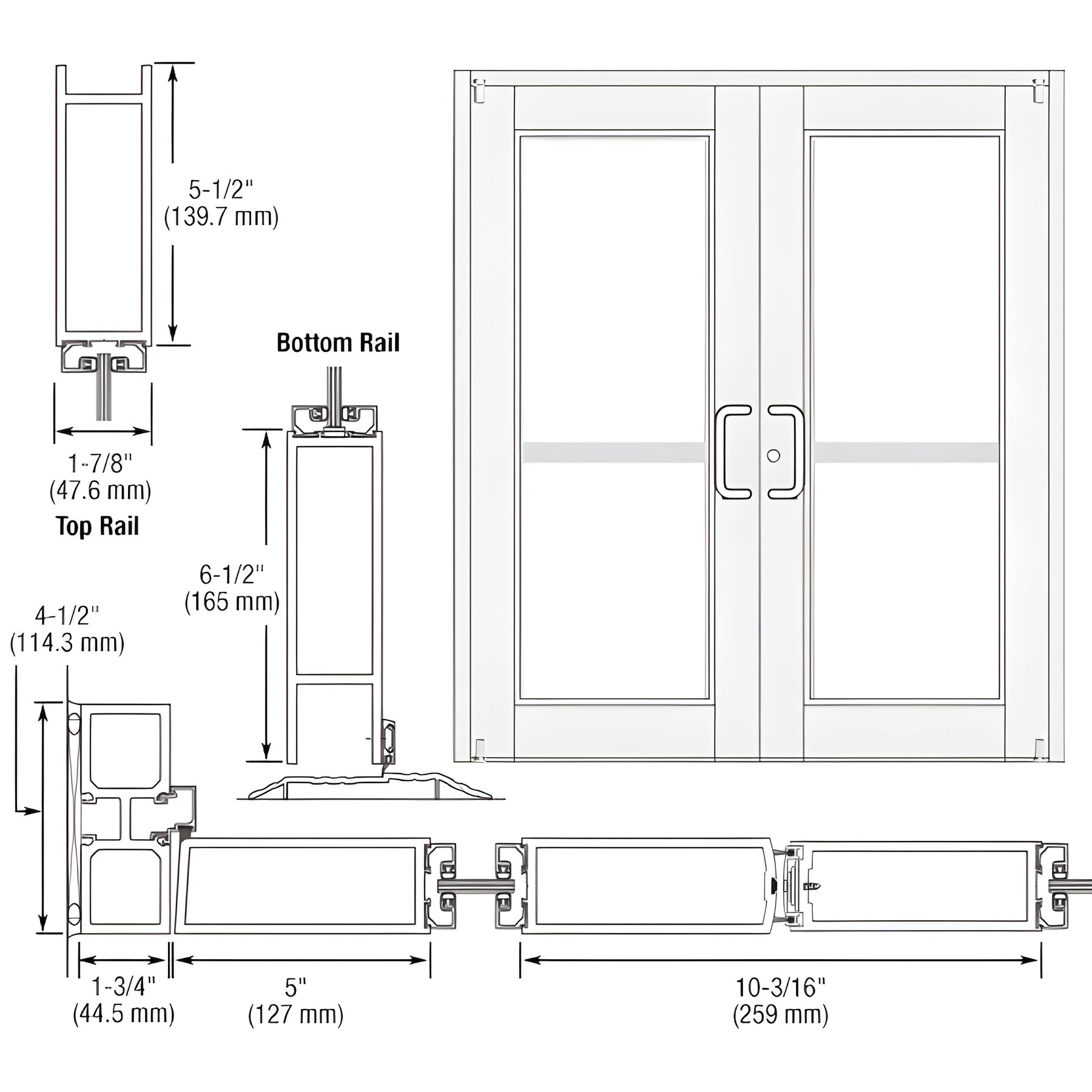 CRL-U.S. Aluminum White KYNAR® Paint Custom Pair Series 850 Durafront Wide Stile Offset Pivot Entrance Doors for Panics and Surface Mount Door Closers