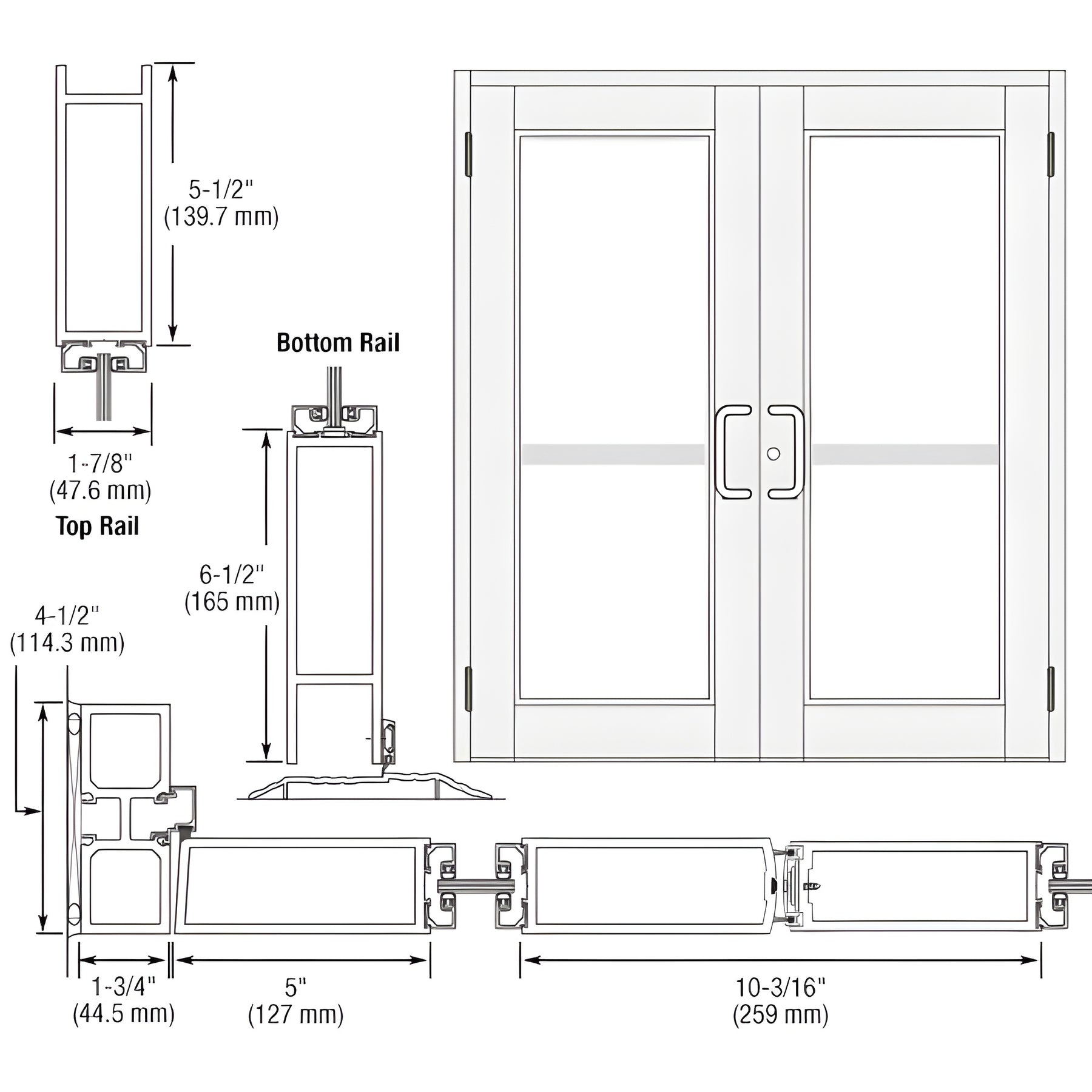 CRL-U.S. Aluminum White KYNAR® Paint Custom Pair Series 850 Durafront Wide Stile Butt Hinge Entrance Doors for Panics and Surface Mount Door Closers