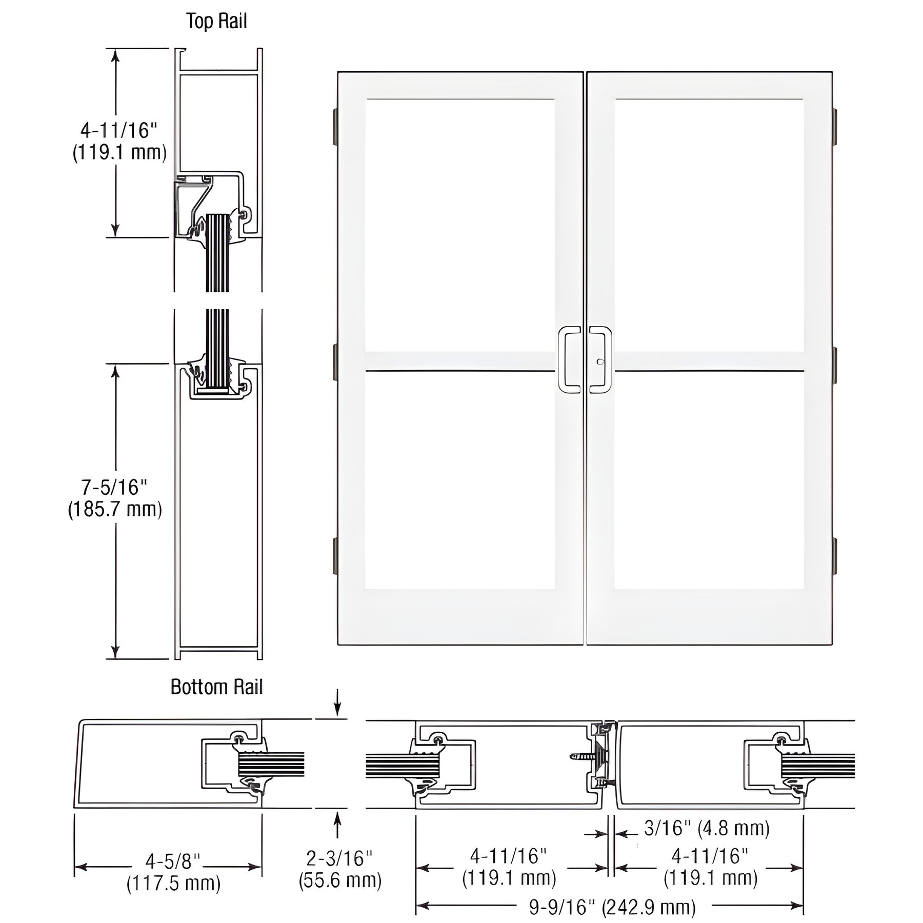 CRL-U.S. Aluminum White KYNAR® Paint Custom Pair StormFront™ Series IG500 StormFront™ Butt Hinged Entrance Doors for Panics and Surface Mount Door Closers