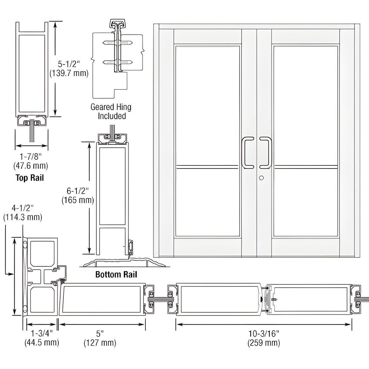 CRL-U.S. Aluminum White KYNAR® Paint Custom Series 850 Durafront Wide Stile Geared Hinge Entrance Doors for Surface Mount Door Closers