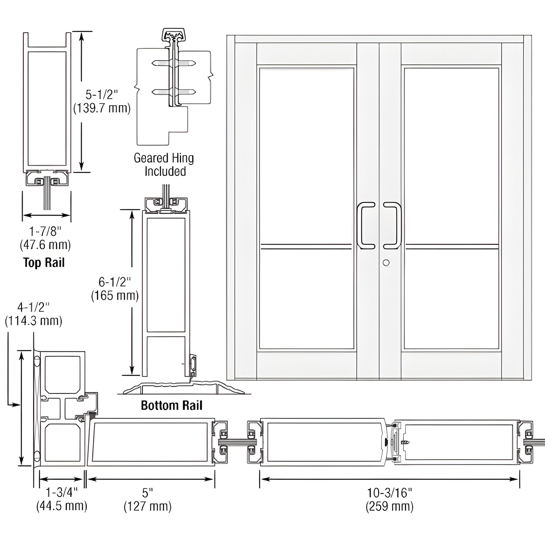 CRL-U.S. Aluminum White KYNAR® Paint Custom Series 850 Durafront Wide Stile Geared Hinge Entrance Doors for Surface Mount Door Closers