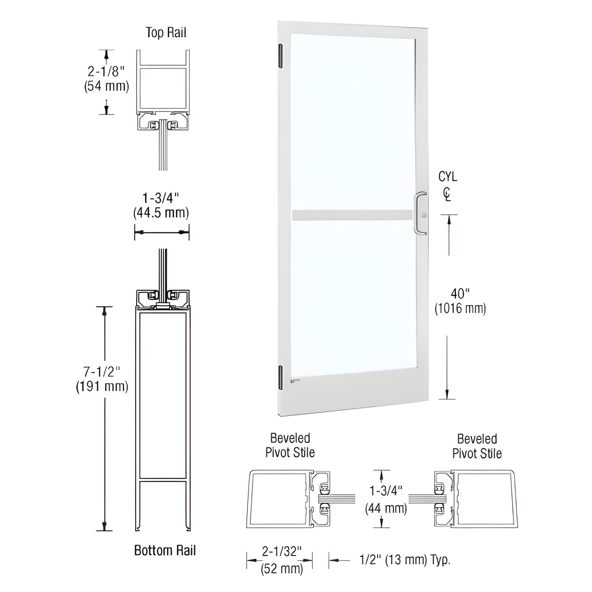 CRL-U.S. Aluminum White KYNAR® Paint Custom Single 36" x 84" Series 250 Narrow Stile Butt Hinge Entrance Door