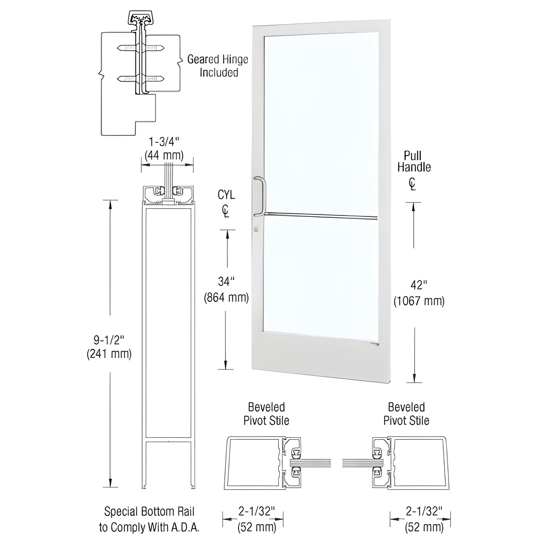 CRL-U.S. Aluminum White KYNAR® Paint Custom Single Series 250 Narrow Stile Geared Hinge Entrance Door for Surface Mount Door Closer