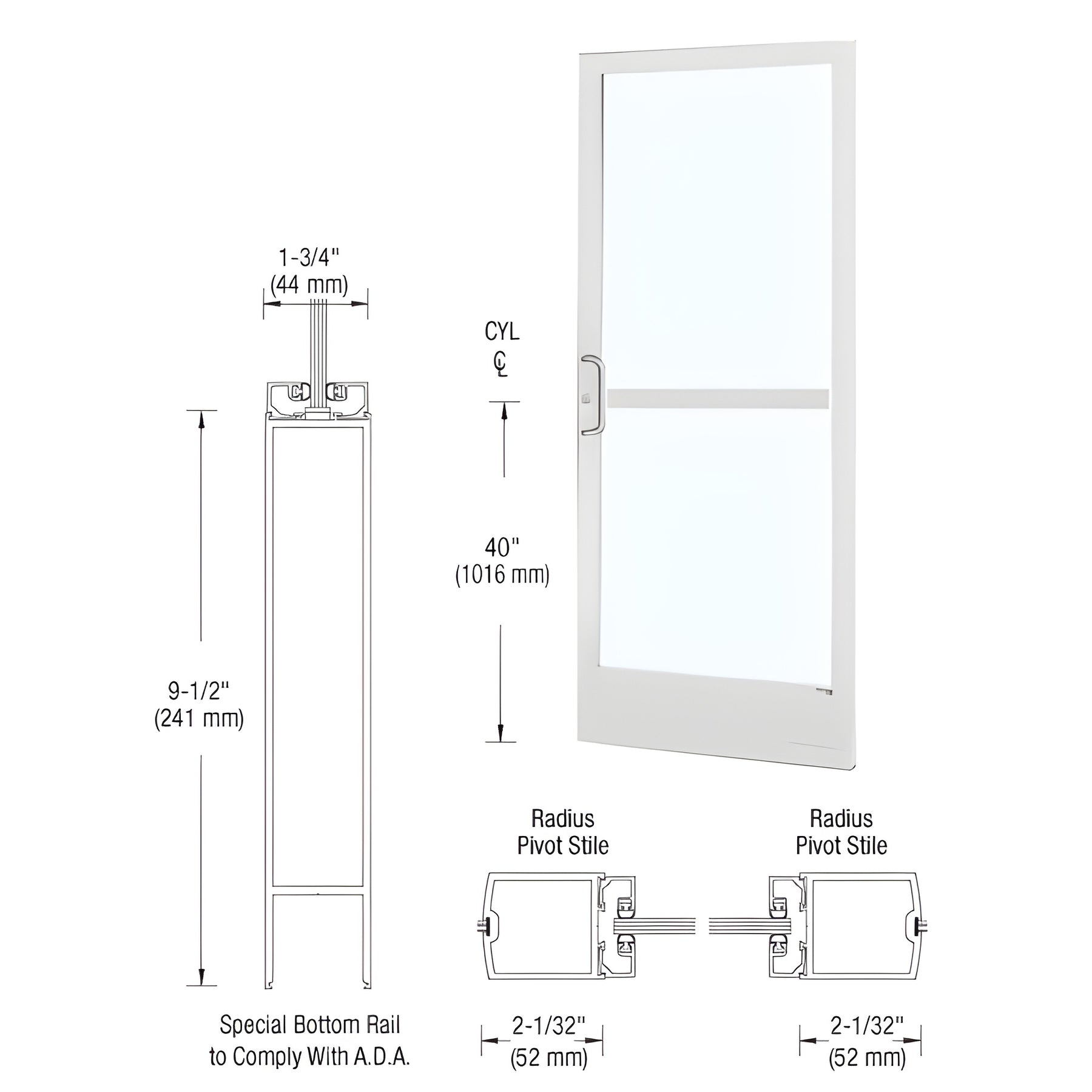 CRL-U.S. Aluminum White KYNAR® Paint Custom Single Series 250 Narrow Stile Center Pivot Entrance Door With Panic for Overhead Concealed Door Closer