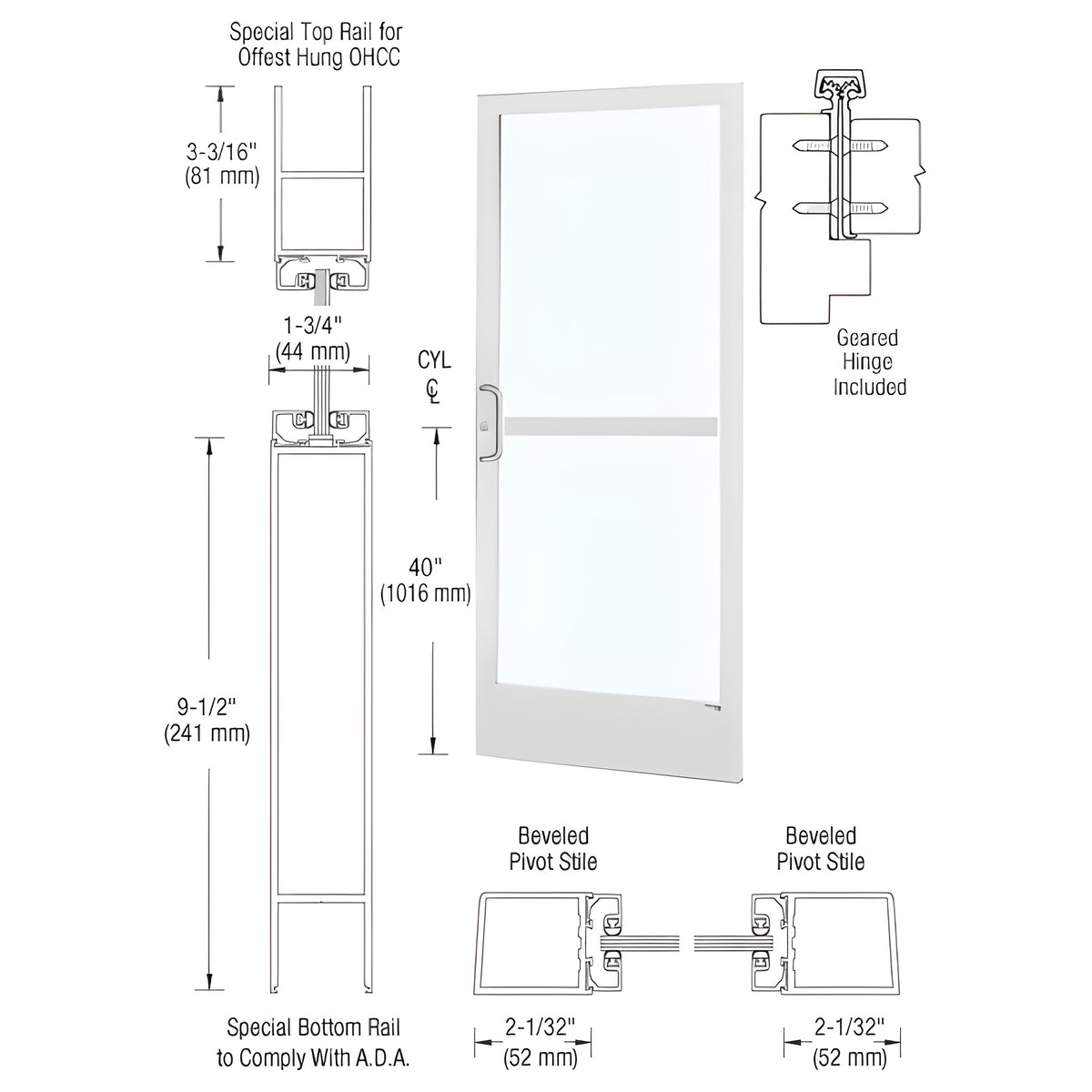 CRL-U.S. Aluminum White KYNAR® Paint Custom Single Series 250 Narrow Stile Geared Hinge Entrance Door With Panic for Overhead Concealed Door Closer