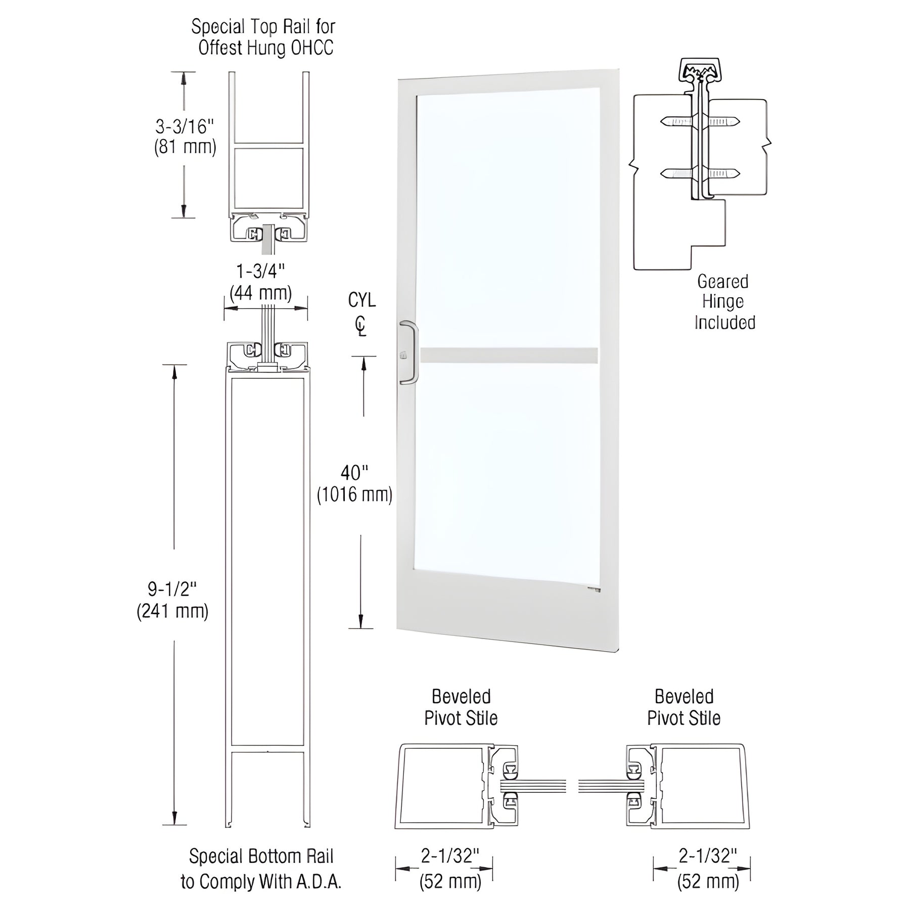 CRL-U.S. Aluminum White KYNAR® Paint Custom Single Series 250 Narrow Stile Geared Hinge Entrance Door With Panic for Overhead Concealed Door Closer