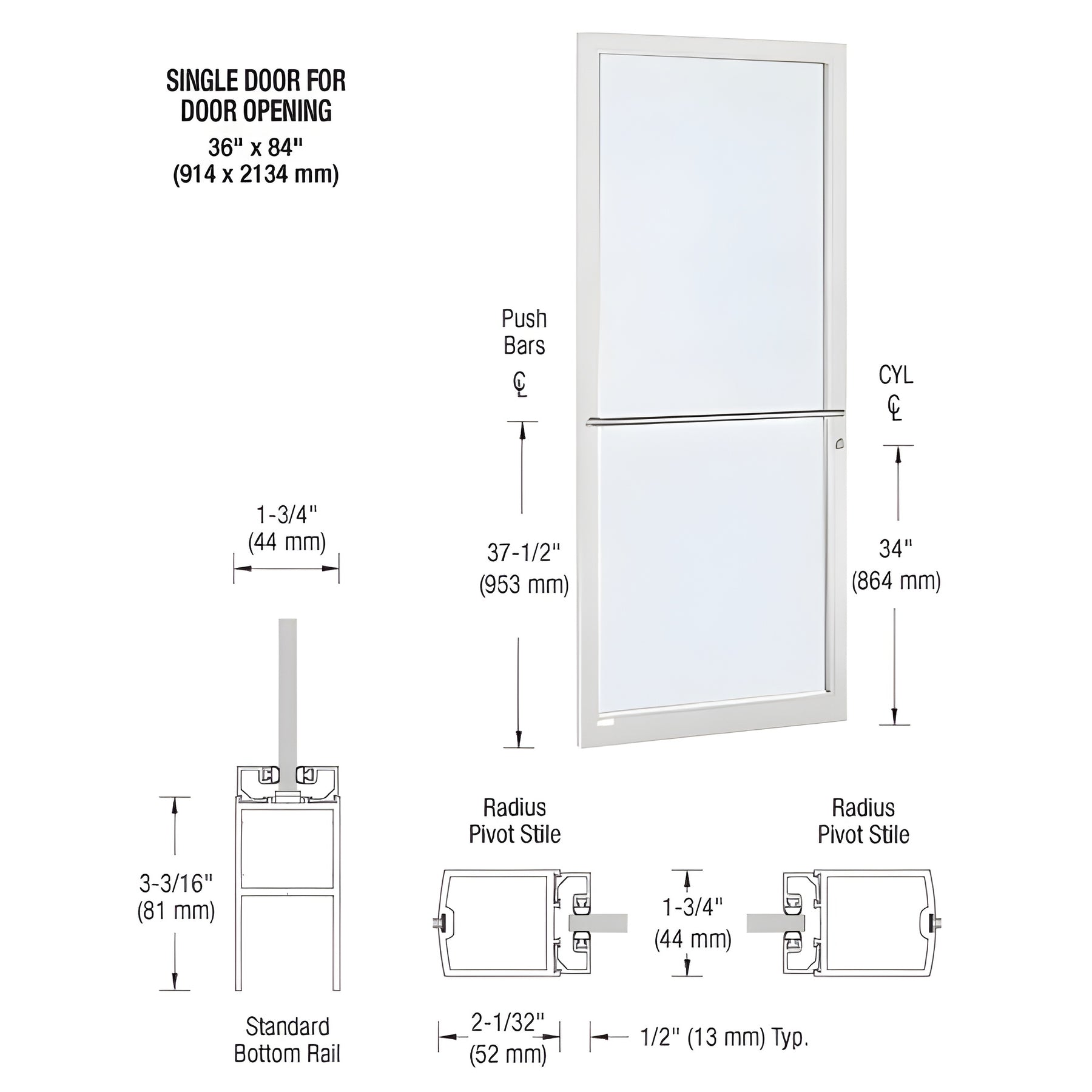 CRL-U.S. Aluminum White KYNAR® Paint Custom Single Series 250 Narrow Stile Center Pivot Entrance Door for Overhead Concealed Door Closer