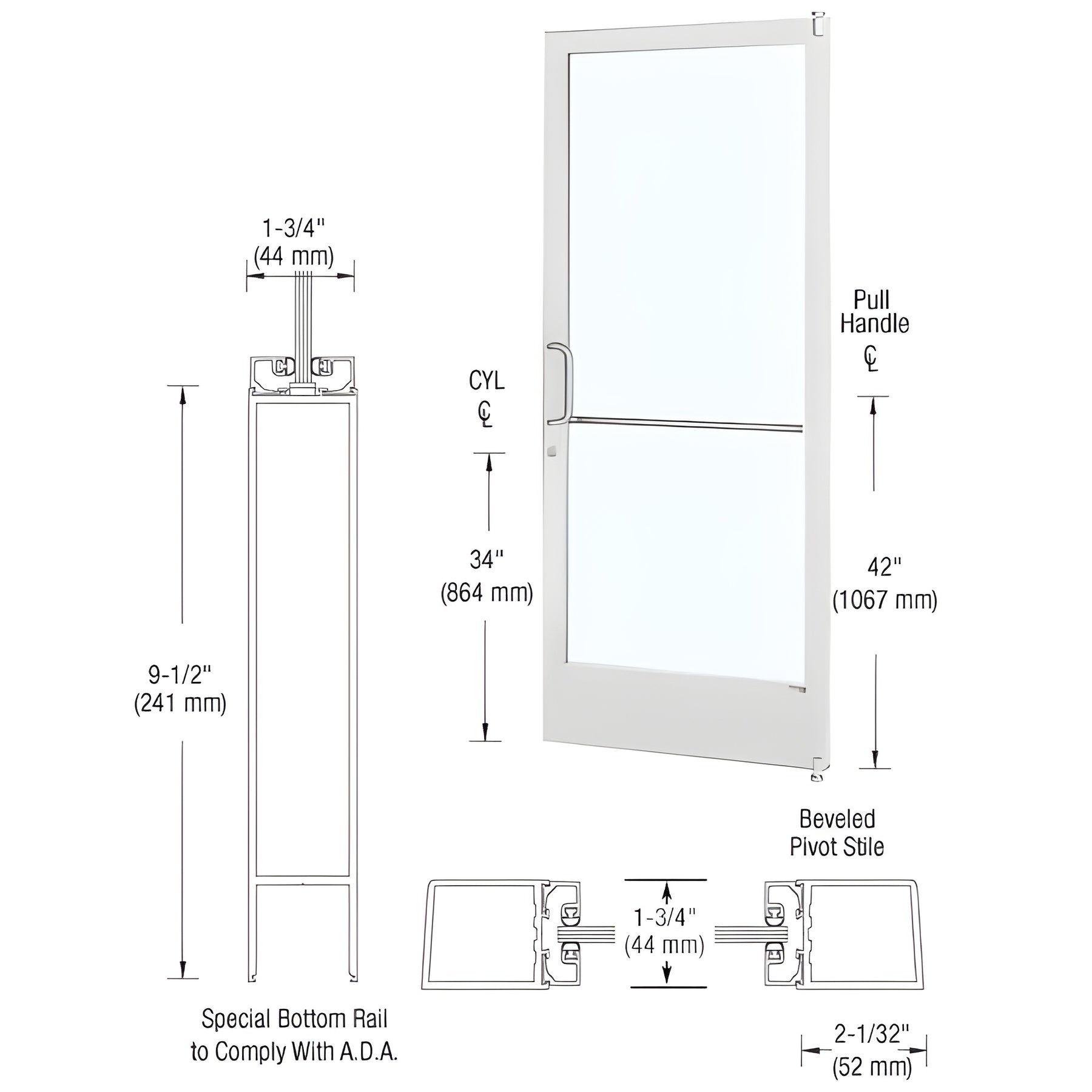 CRL-U.S. Aluminum White KYNAR® Paint Custom Single Series 250 Narrow Stile Offset Pivot Entrance Door for Surface Mount Door Closer