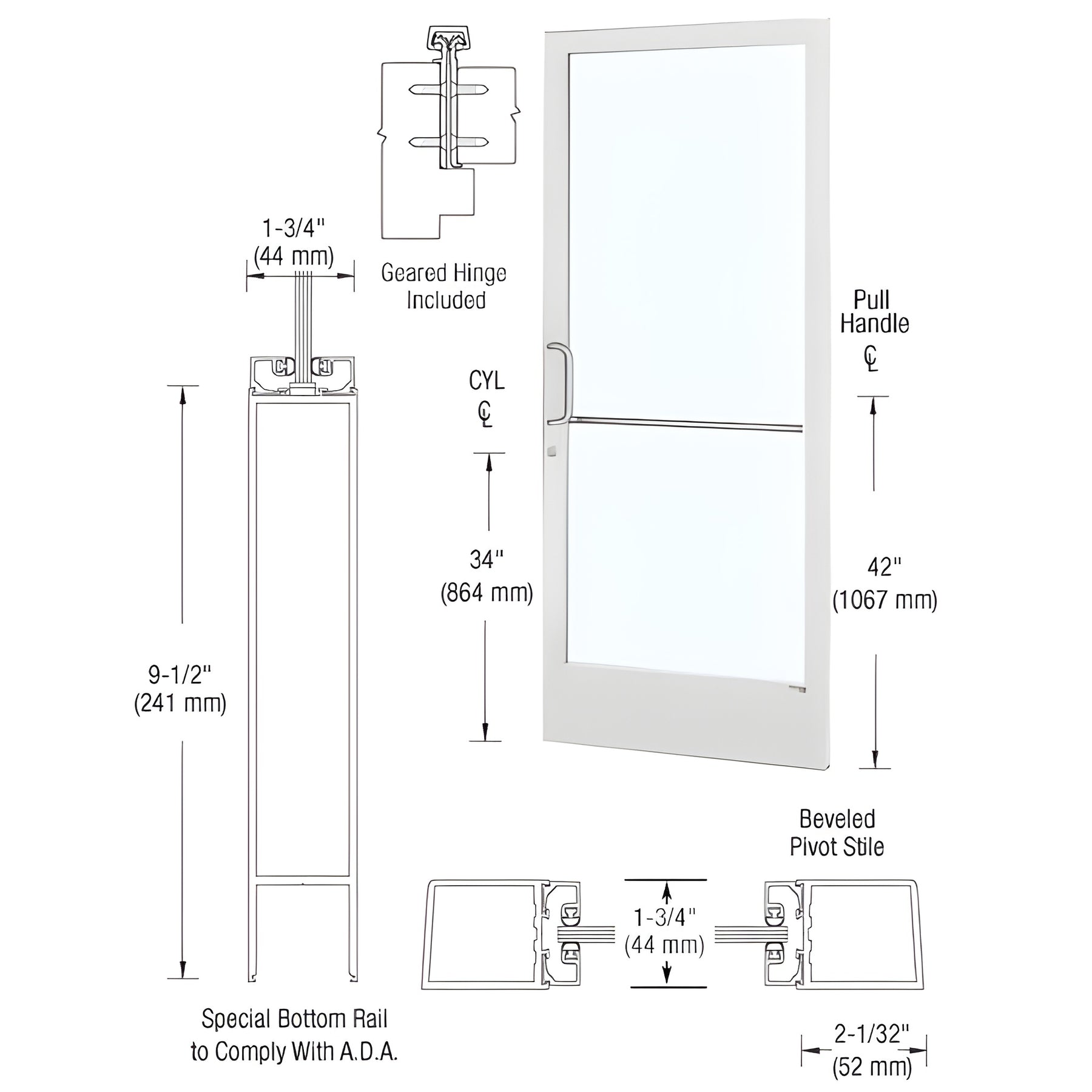 CRL-U.S. Aluminum White KYNAR® Paint Custom Single Series 250 Narrow Stile Geared Hinge Entrance Door for Surface Mount Door Closer