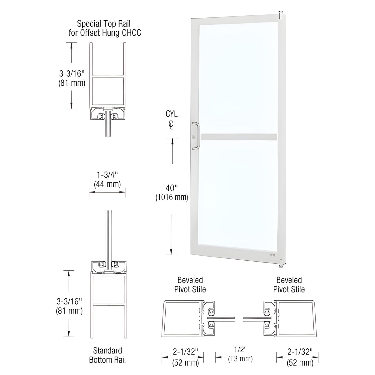 CRL-U.S. Aluminum White KYNAR® Paint Custom Single Series 250 Narrow Stile Offset Pivot Entrance Door for Panic and Overhead Concealed Door Closer