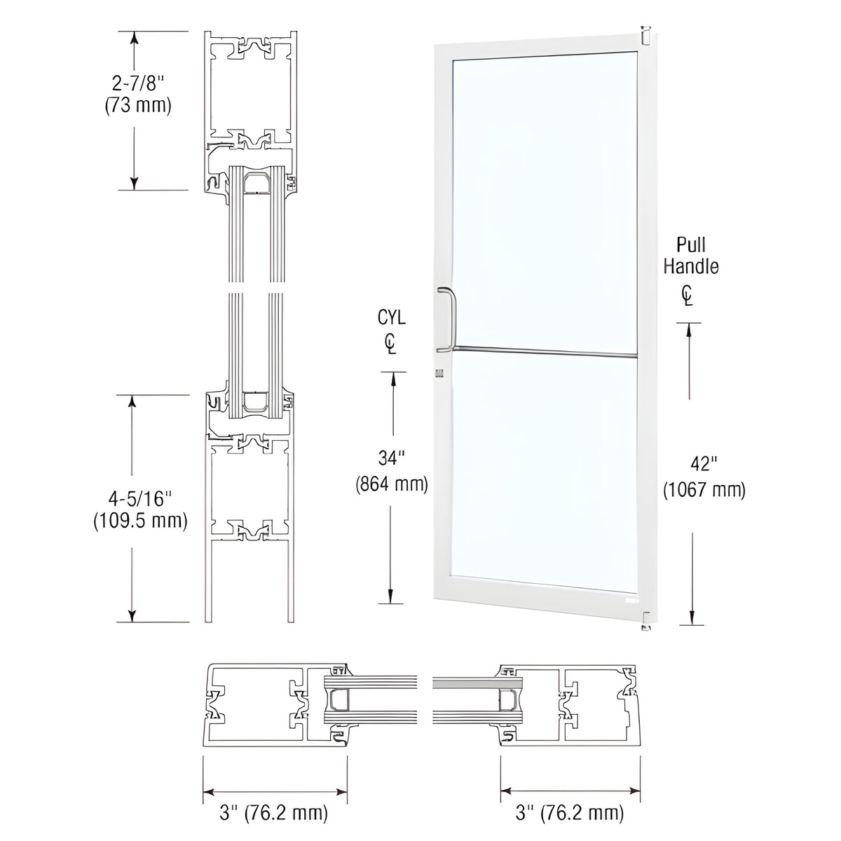 CRL-U.S. Aluminum White KYNAR® Paint Custom Single Series 250T Narrow Stile Offset Pivot Thermal Entrance Door for Surface Mount Door Closer