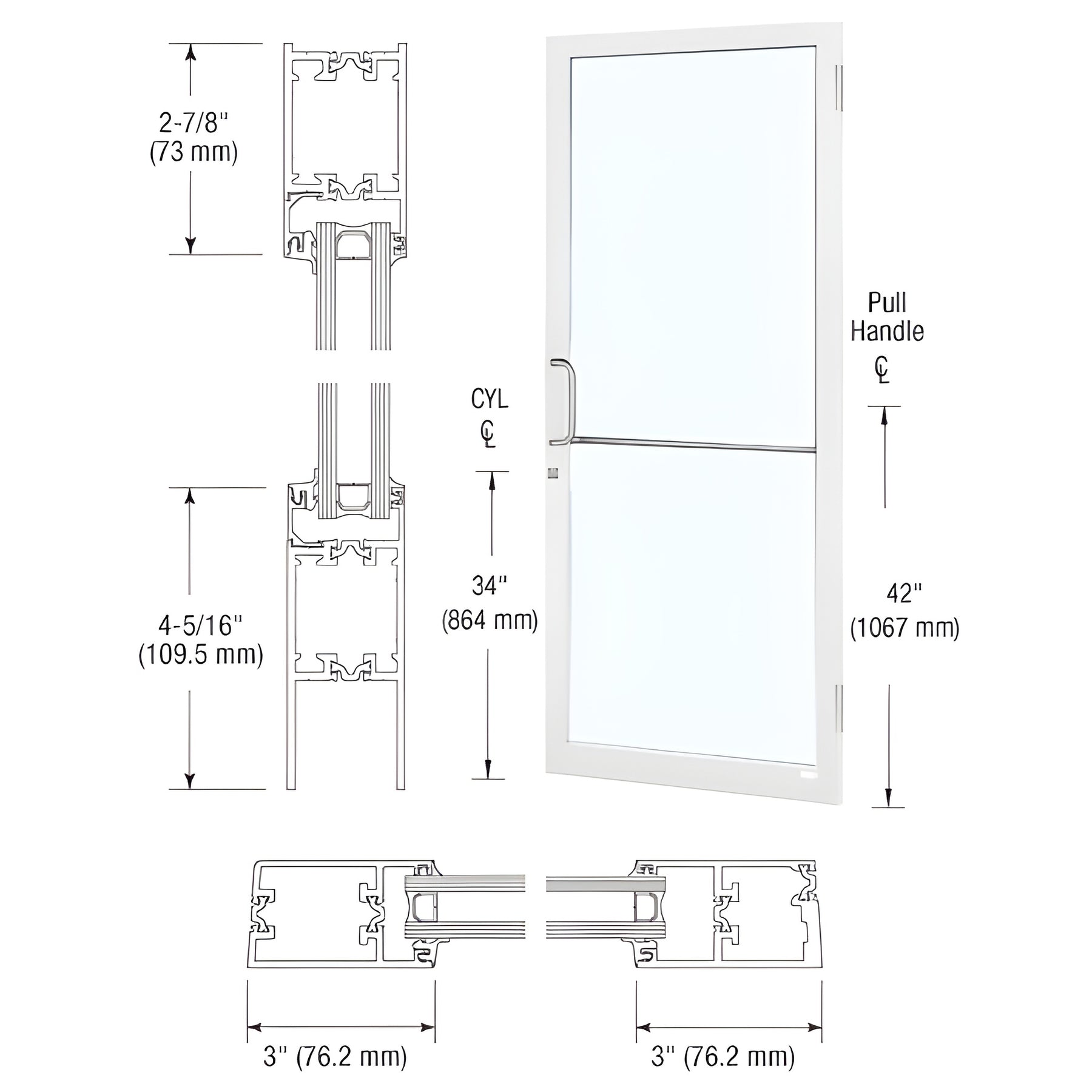 CRL-U.S. Aluminum White KYNAR® Paint Custom Single Series 250T Narrow Stile Butt Hinge Thermal Entrance Door for Surface Mount Door Closer
