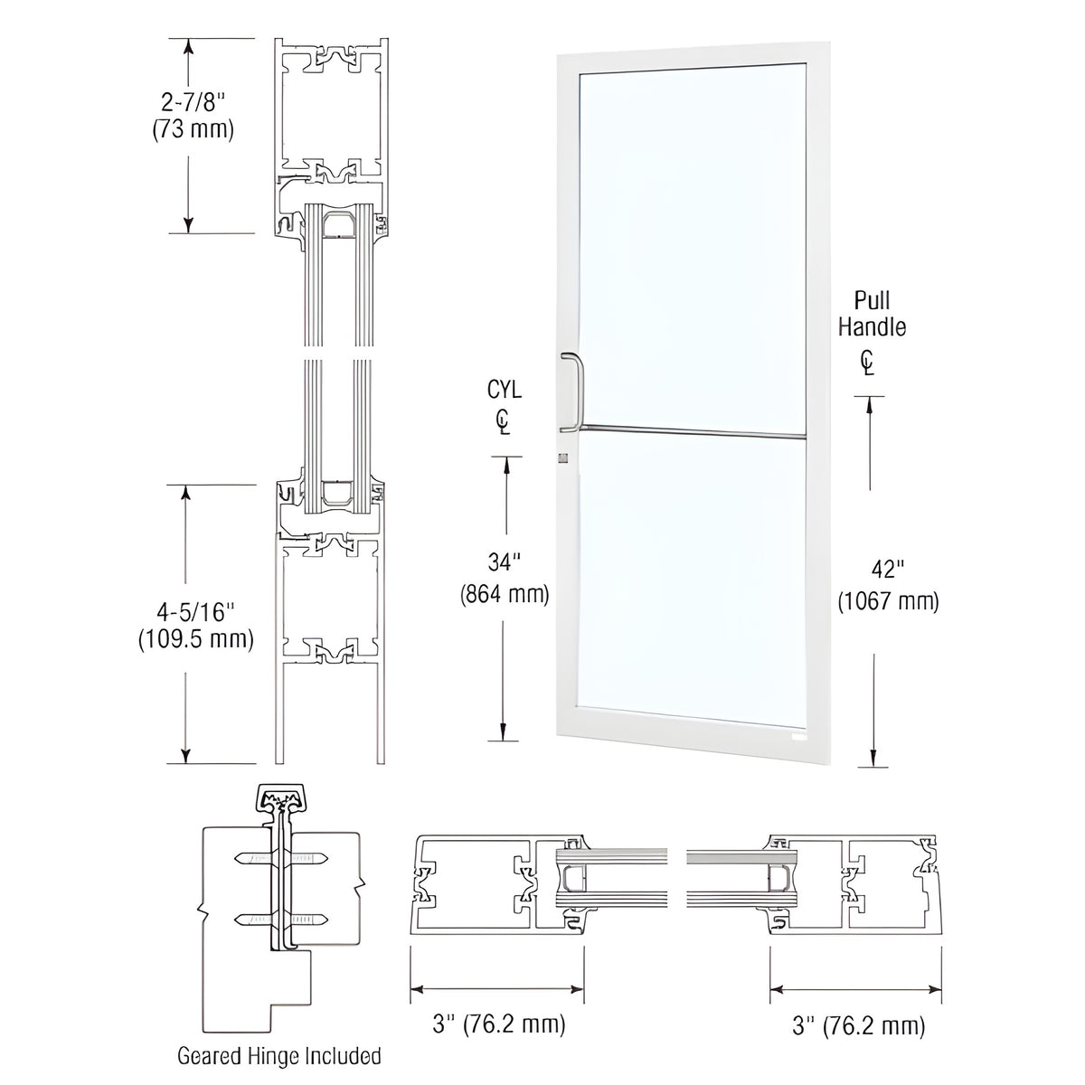 CRL-U.S. Aluminum White KYNAR® Paint Custom Single Series 250T Narrow Stile Geared Hinge Thermal Entrance Door for Surface Mount Door Closer