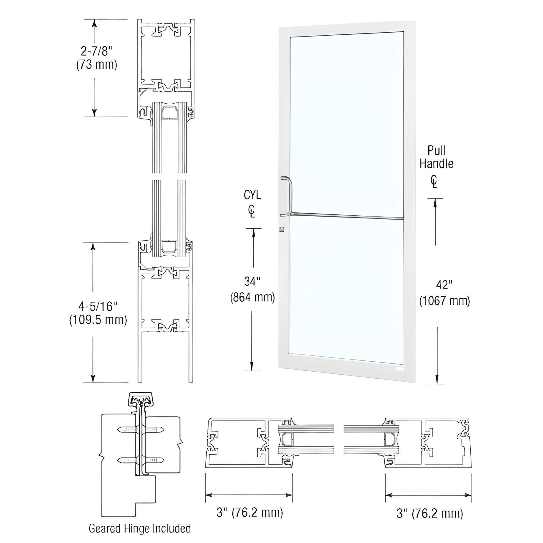 CRL-U.S. Aluminum White KYNAR® Paint Custom Single Series 250T Narrow Stile Geared Hinge Thermal Entrance Door for Surface Mount Door Closer