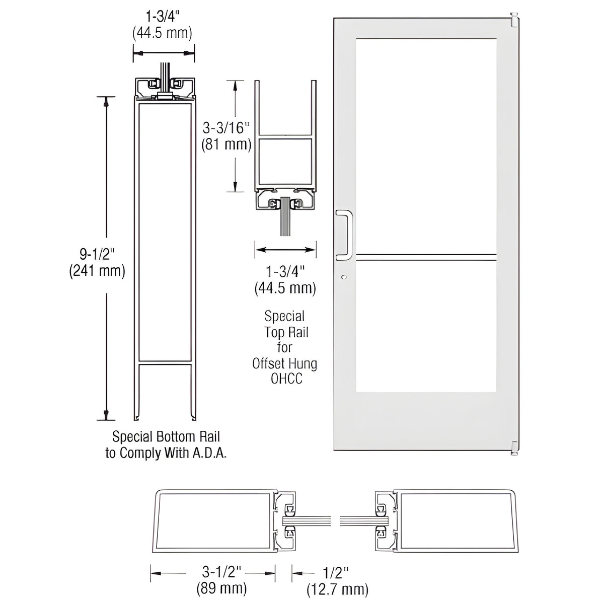 CRL-U.S. Aluminum White KYNAR® Paint Custom Single Series 400 Medium Stile Offset Pivot Entrance Door for Overhead Concealed Door Closer