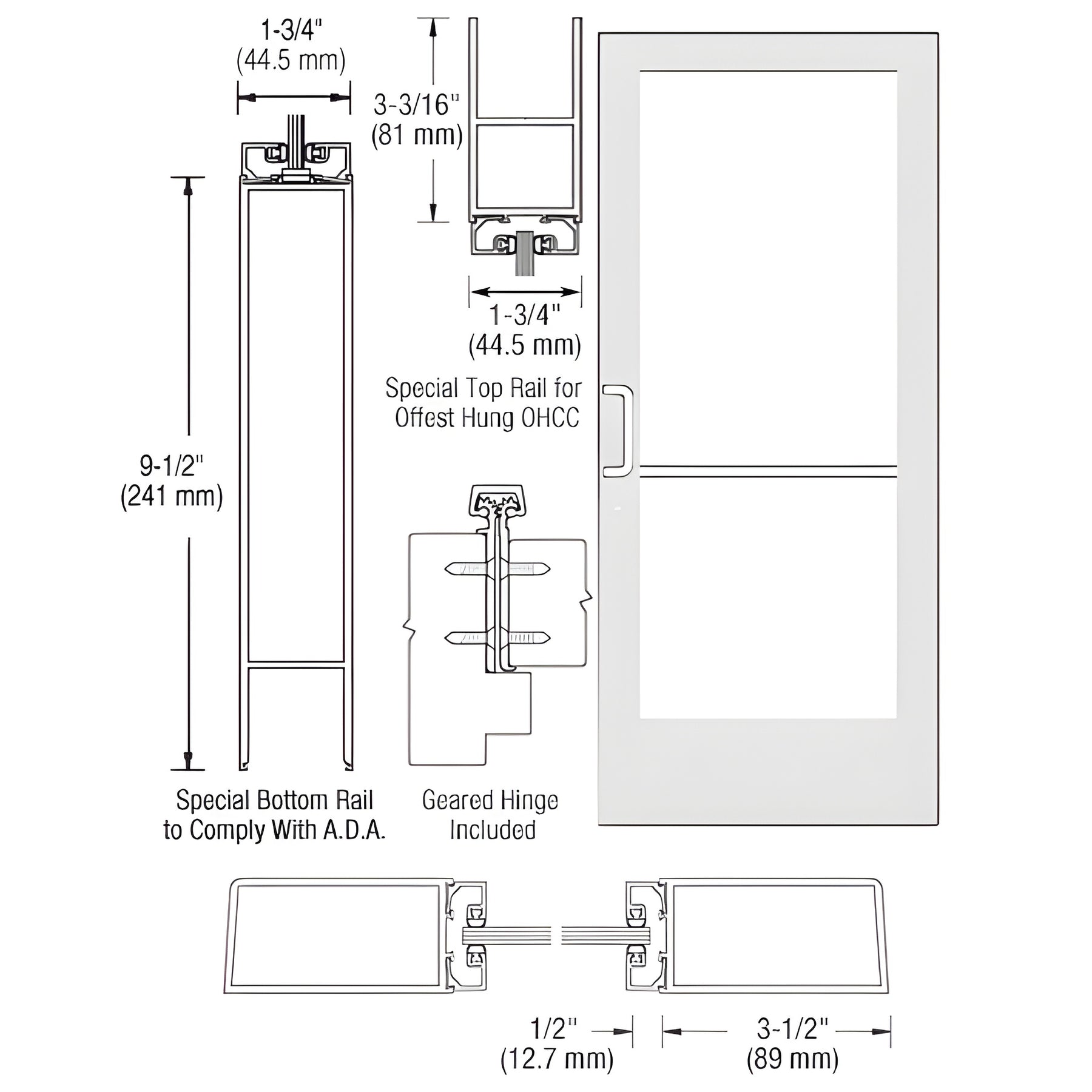CRL-U.S. Aluminum White KYNAR® Paint Custom Single Series 400 Medium Stile Geared Hinge Entrance Door for Overhead Concealed Door Closer