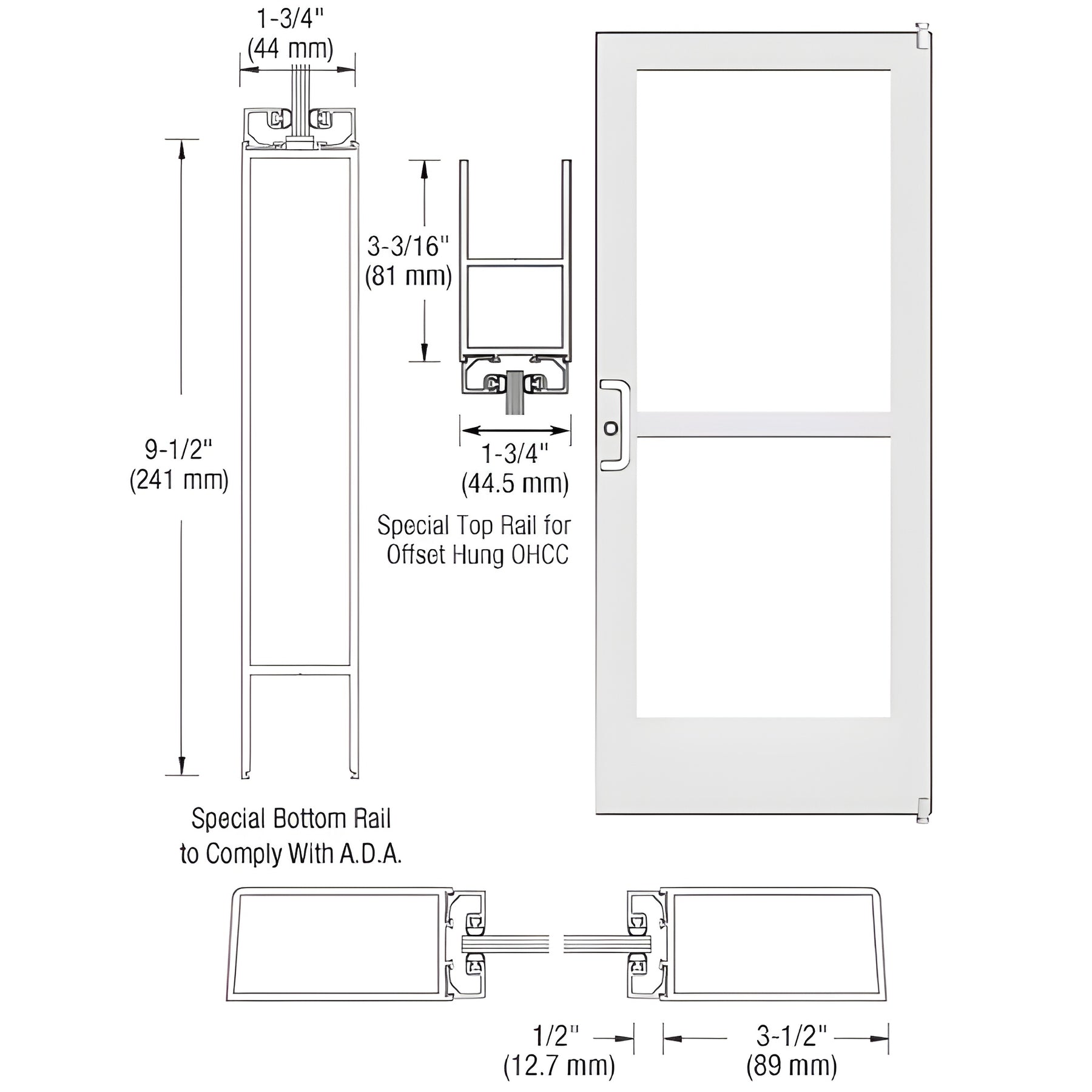 CRL-U.S. Aluminum White KYNAR® Paint Custom Single Series 400 Medium Stile Offset Pivot Entrance Door With Panic for Overhead Concealed Door Closer