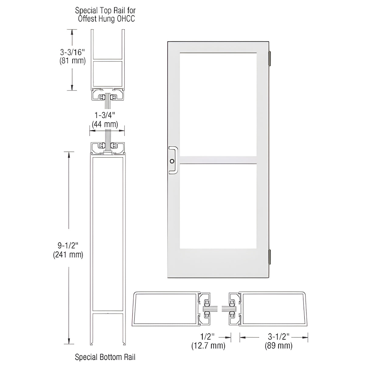 CRL-U.S. Aluminum White KYNAR® Paint Custom Single Series 400 Medium Stile Butt Hinged Entrance Door With Panic for Overhead Concealed Door Closer