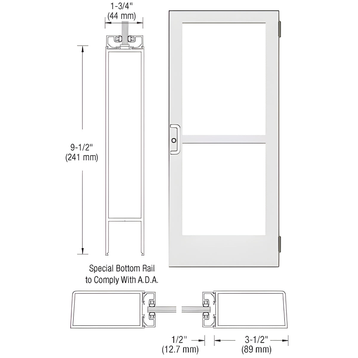 CRL-U.S. Aluminum White KYNAR® Paint Custom Single Series 400 Medium Stile Butt Hinged Entrance Door for Surface Mount Door Closer