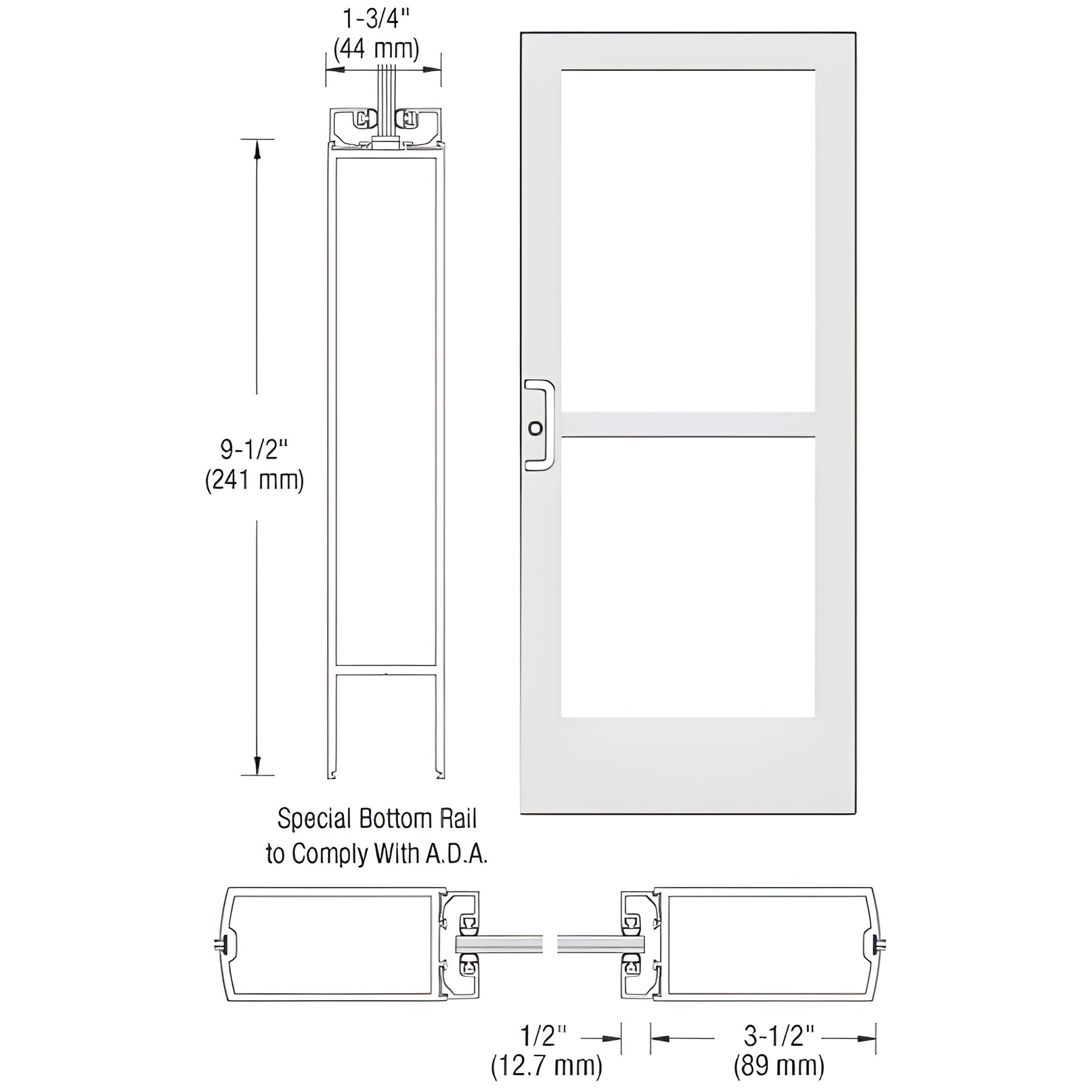 CRL-U.S. Aluminum White KYNAR® Paint Custom Single Series 400 Medium Stile Center Pivot Entrance Door With Panic for Overhead Concealed Door Closer