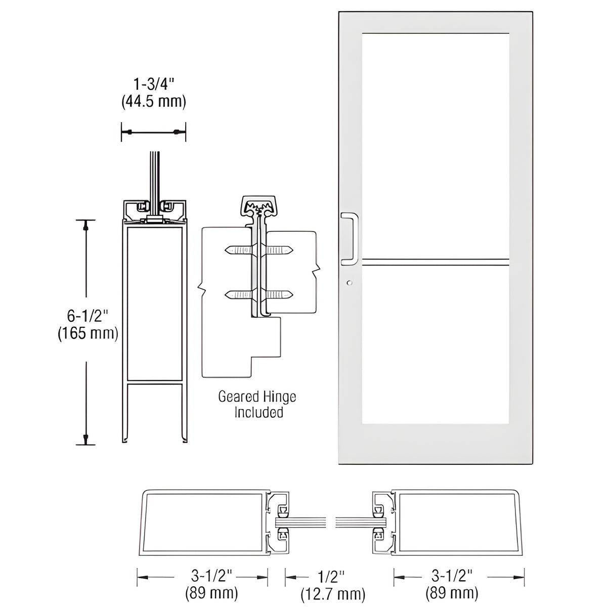 CRL-U.S. Aluminum White KYNAR® Paint Custom Single Series 400 Medium Stile Geared Hinge Entrance Door for Surface Mount Door Closer