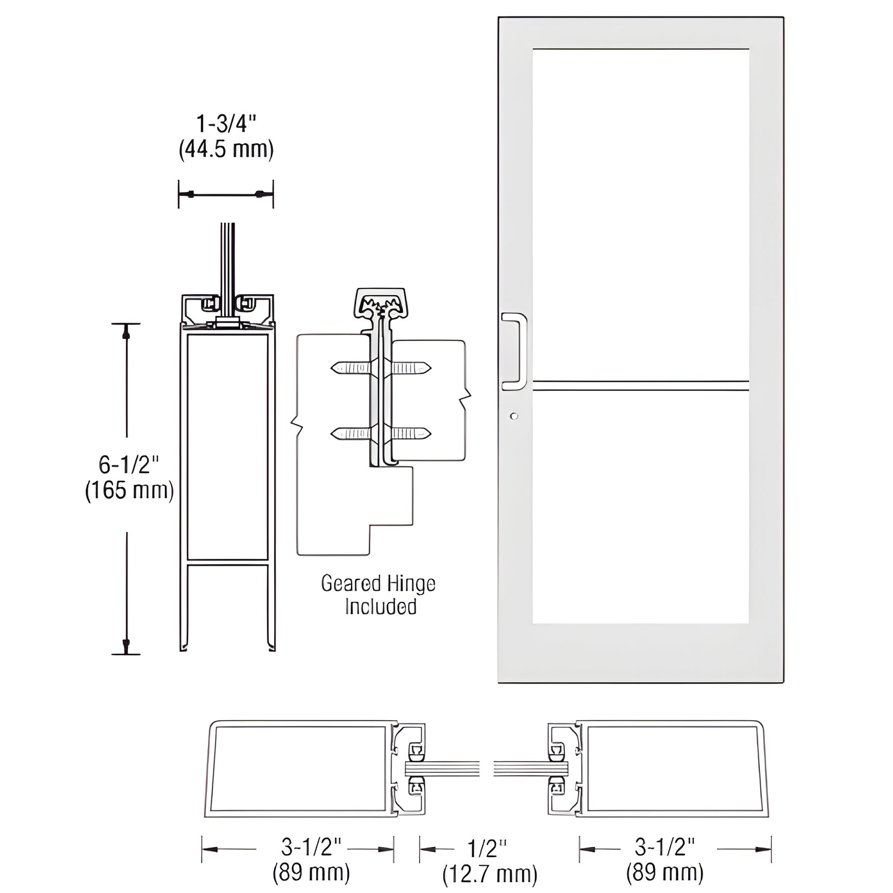CRL-U.S. Aluminum White KYNAR® Paint Custom Single Series 400 Medium Stile Geared Hinge Entrance Door for Surface Mount Door Closer